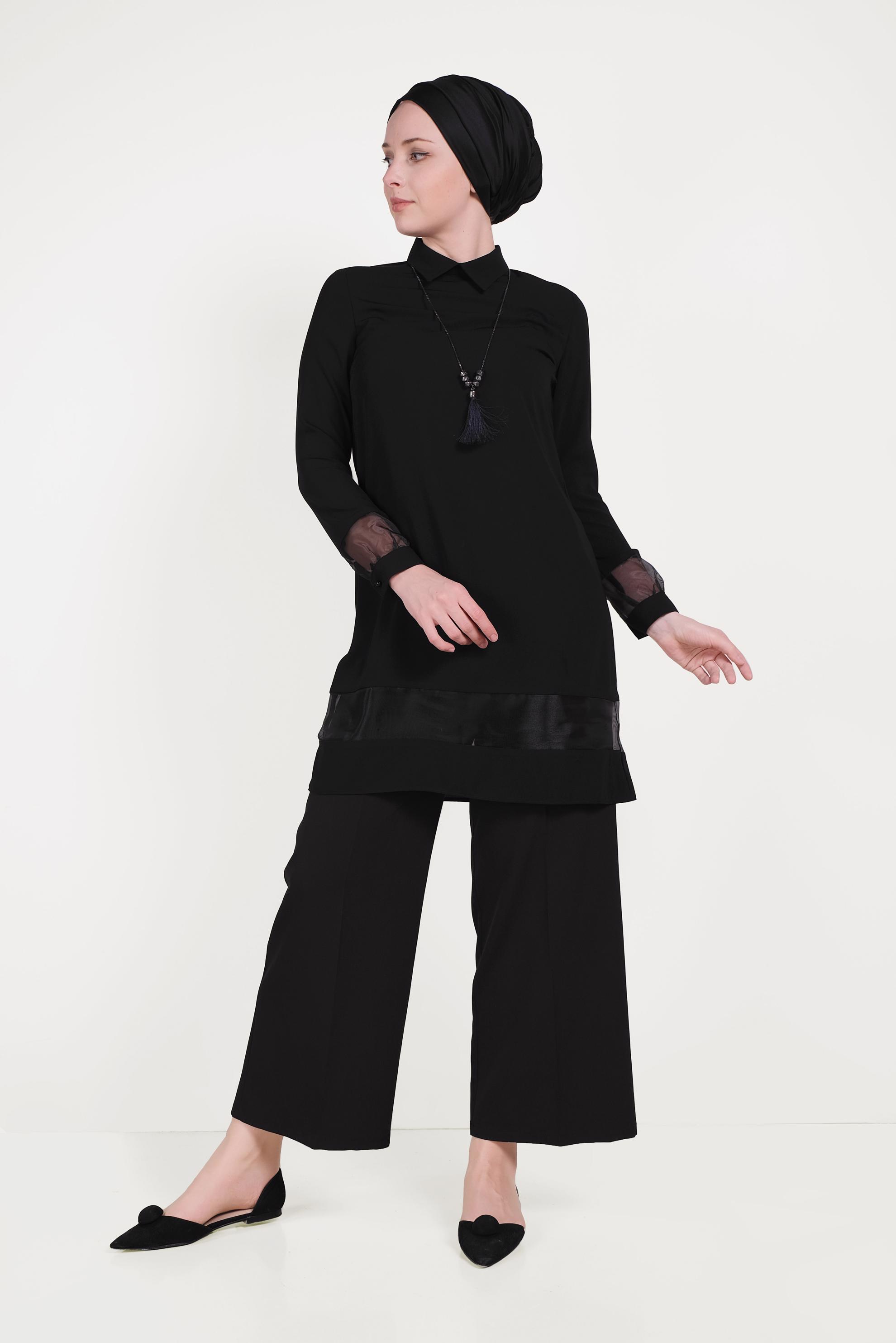 Tesettür giyim SİYAH TRANSPARAN TÜL DETAYLI TUNİK 40480