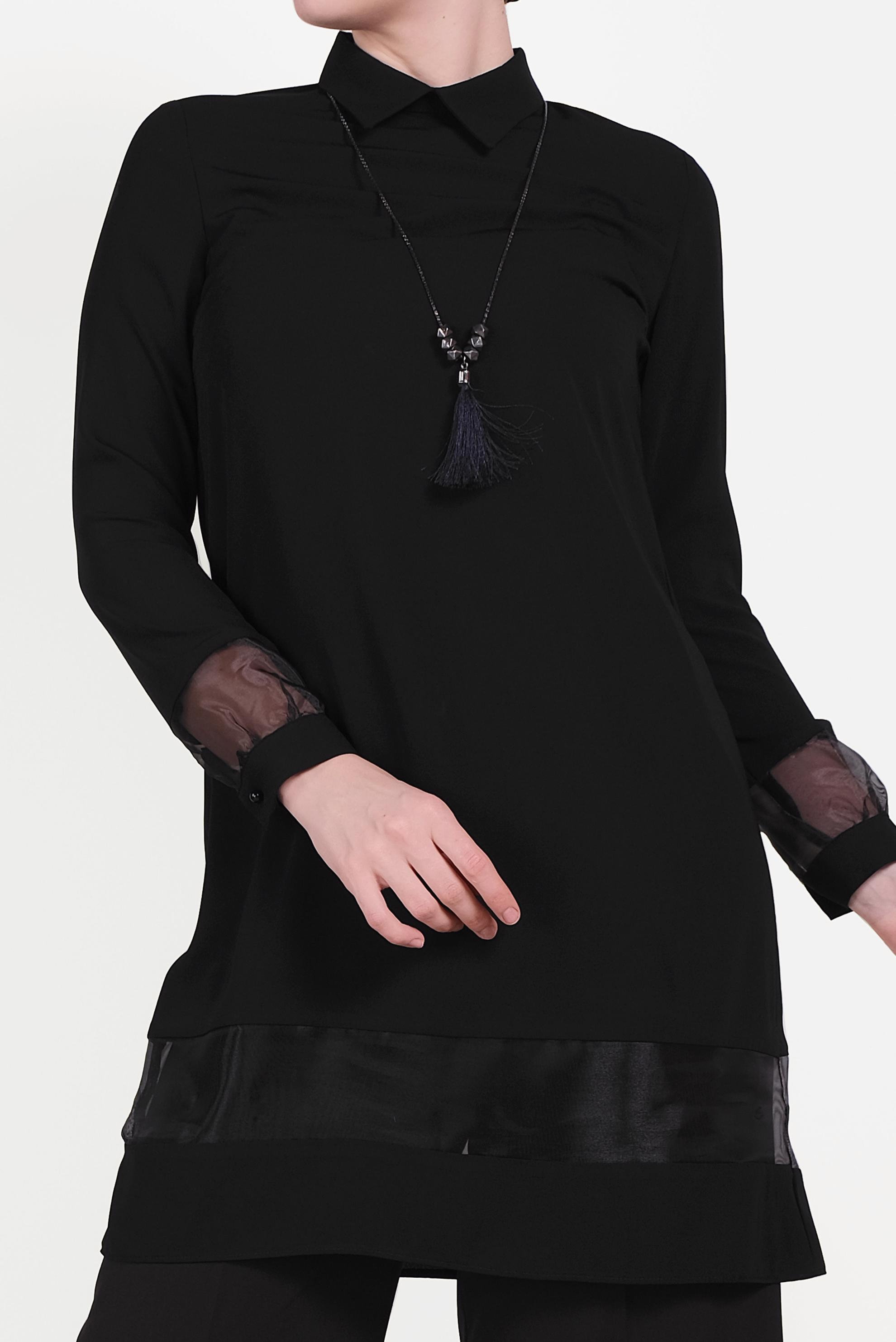 Tesettür giyim SİYAH TRANSPARAN TÜL DETAYLI TUNİK 40480