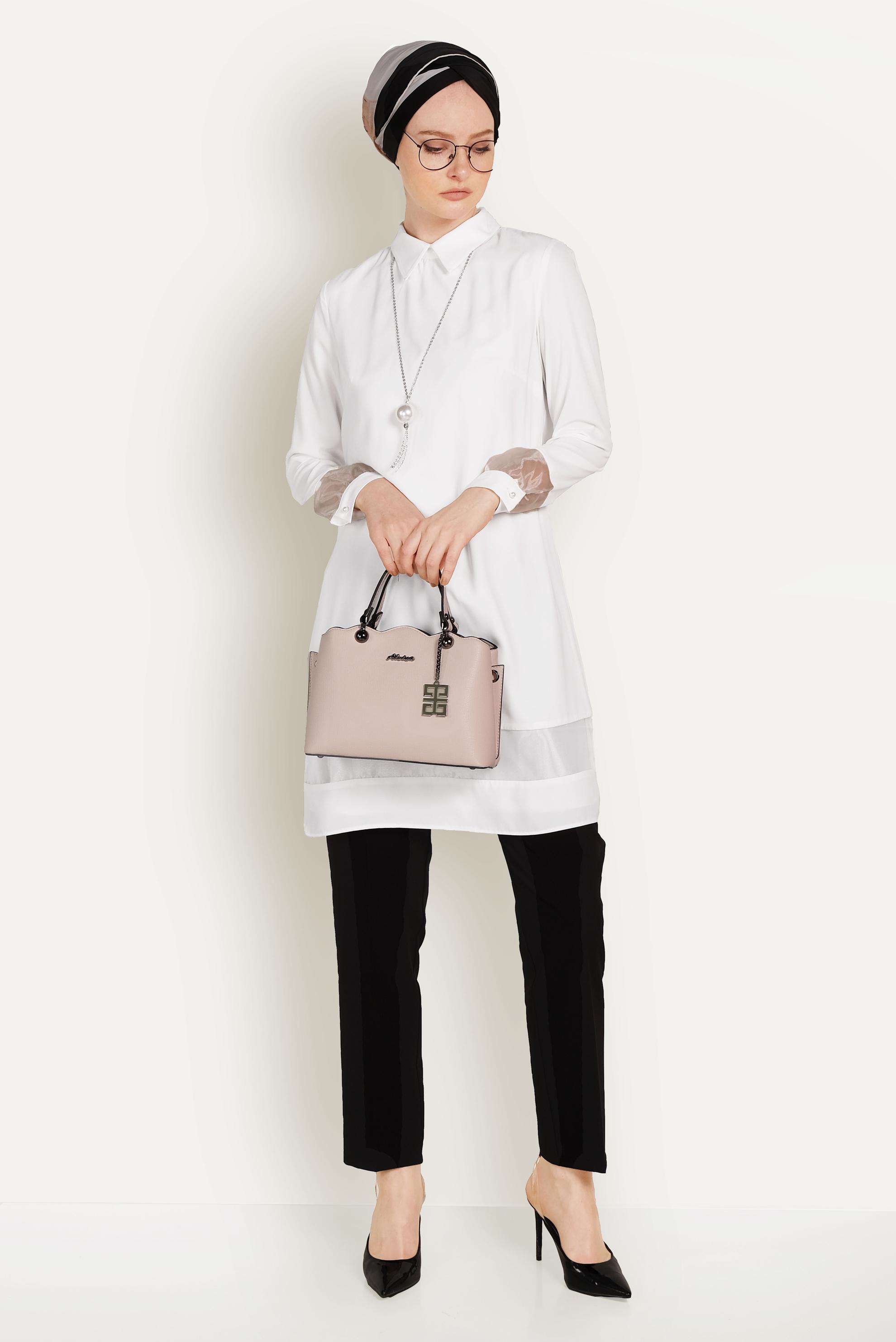 Tesettür giyim BEYAZ TRANSPARAN TÜL DETAYLI TUNİK 40480