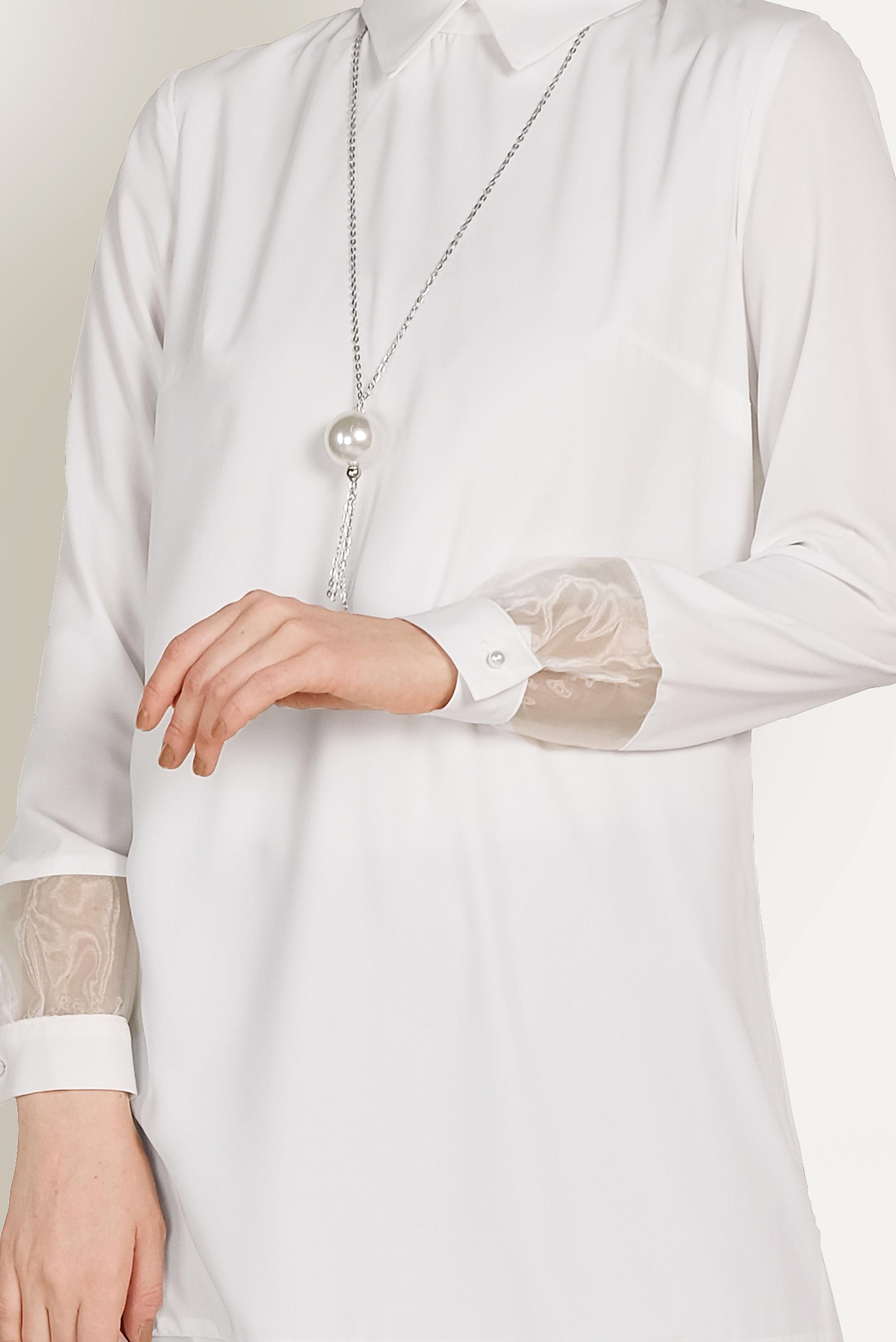 Tesettür giyim BEYAZ TRANSPARAN TÜL DETAYLI TUNİK 40480