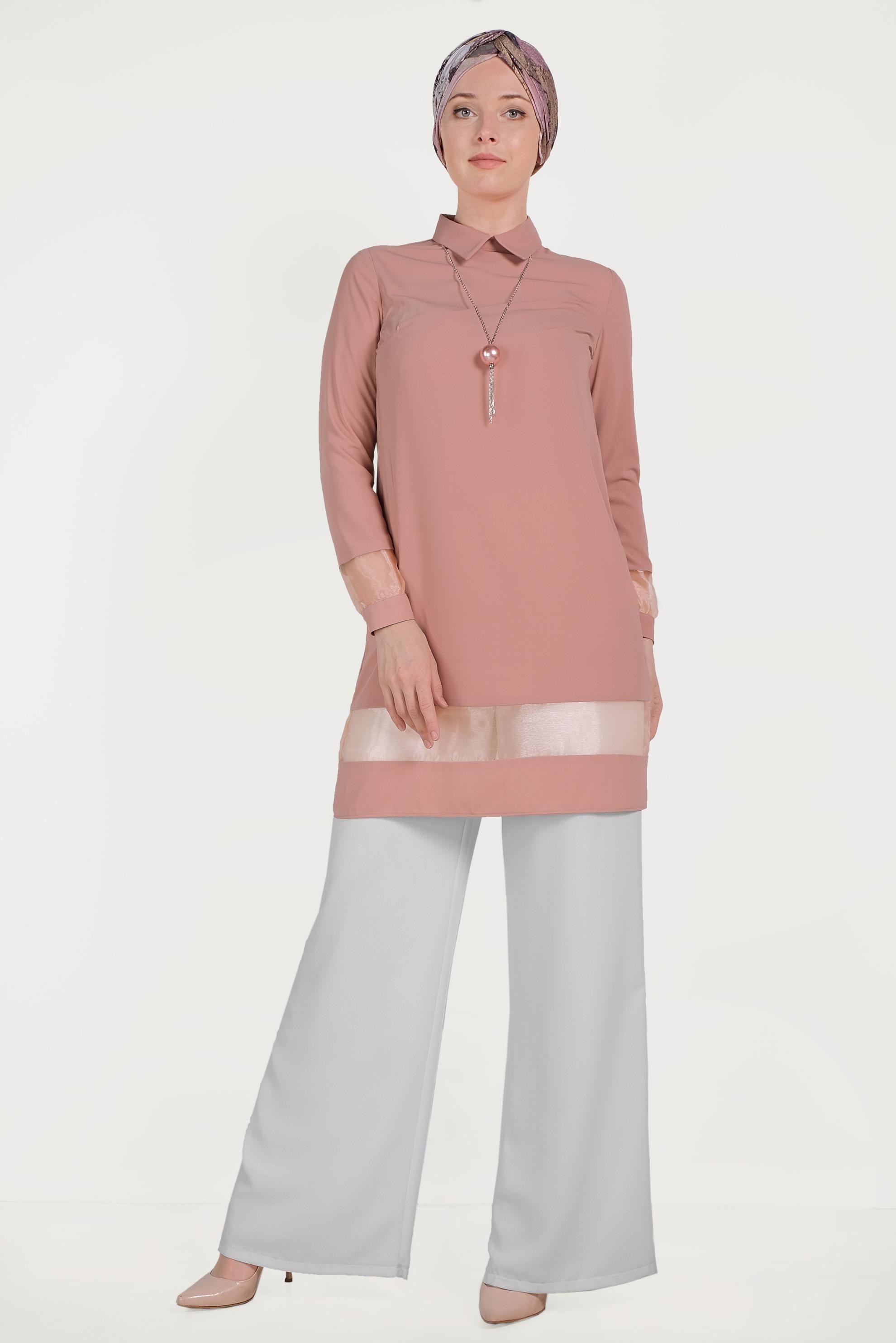 Tesettür giyim KAHVE TRANSPARAN TÜL DETAYLI TUNİK 40480