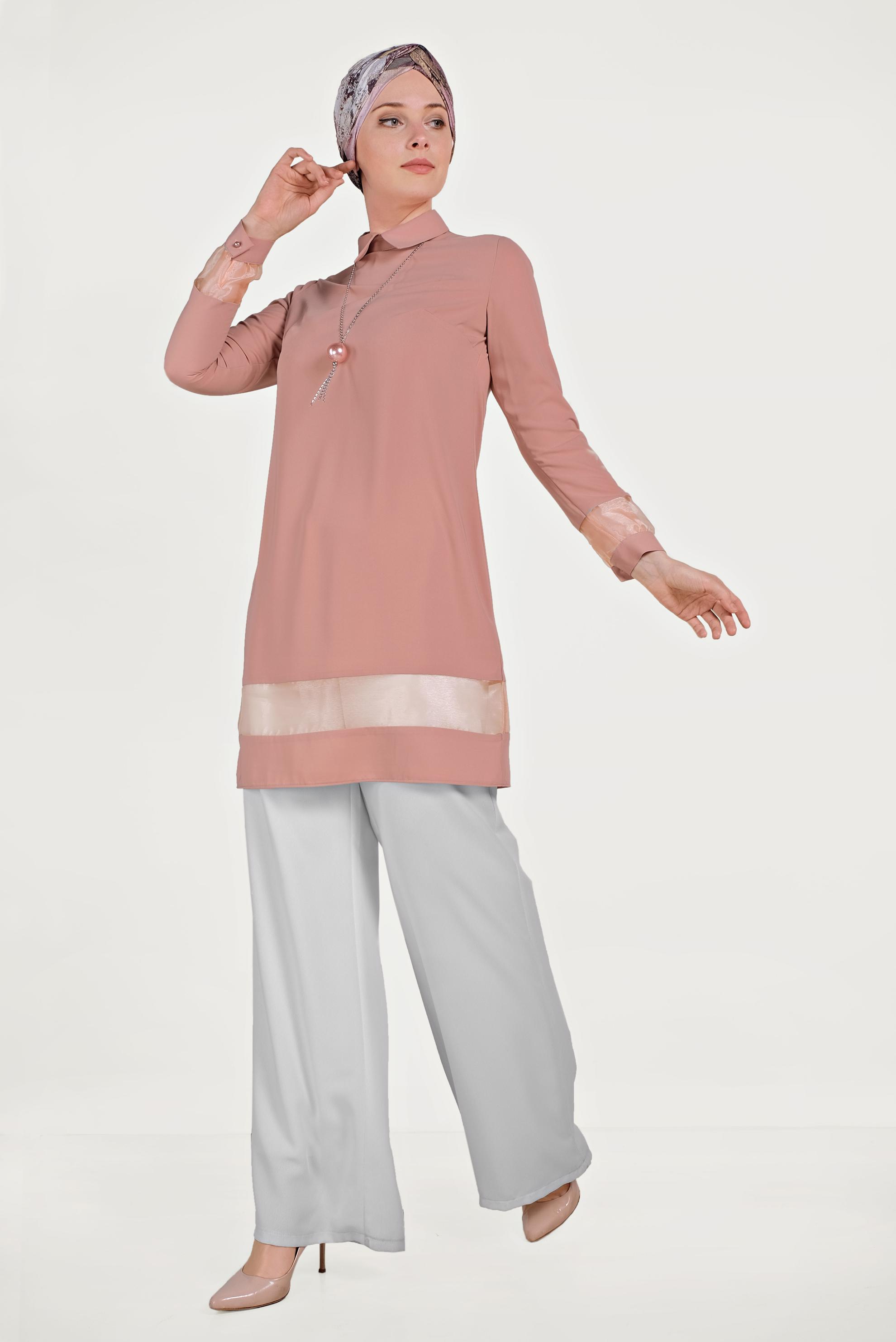 Tesettür giyim KAHVE TRANSPARAN TÜL DETAYLI TUNİK 40480