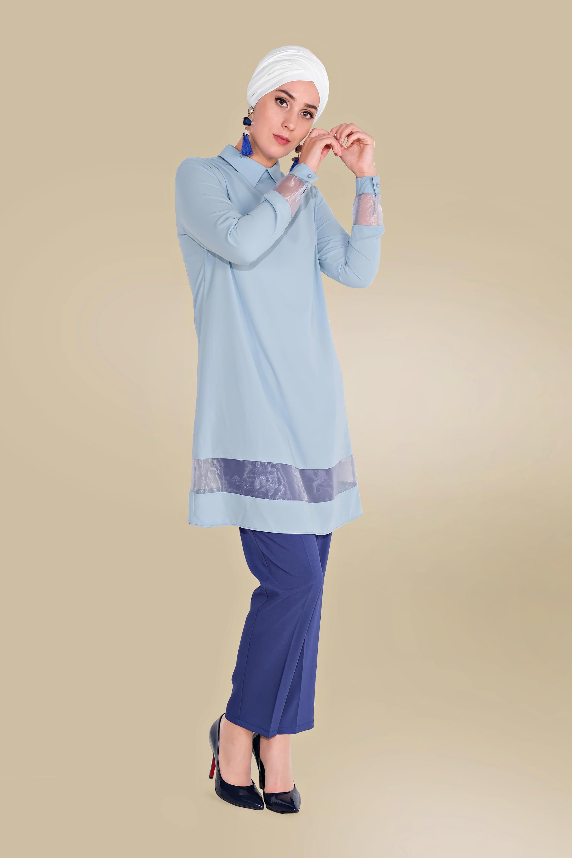 Tesettür giyim YEŞİL TRANSPARAN TÜL DETAYLI TUNİK 40480