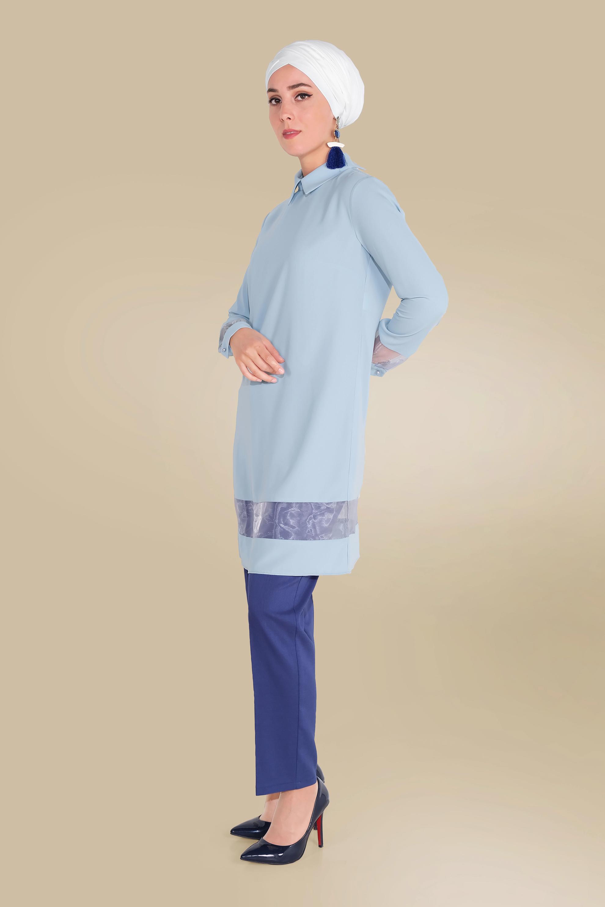 Tesettür giyim YEŞİL TRANSPARAN TÜL DETAYLI TUNİK 40480