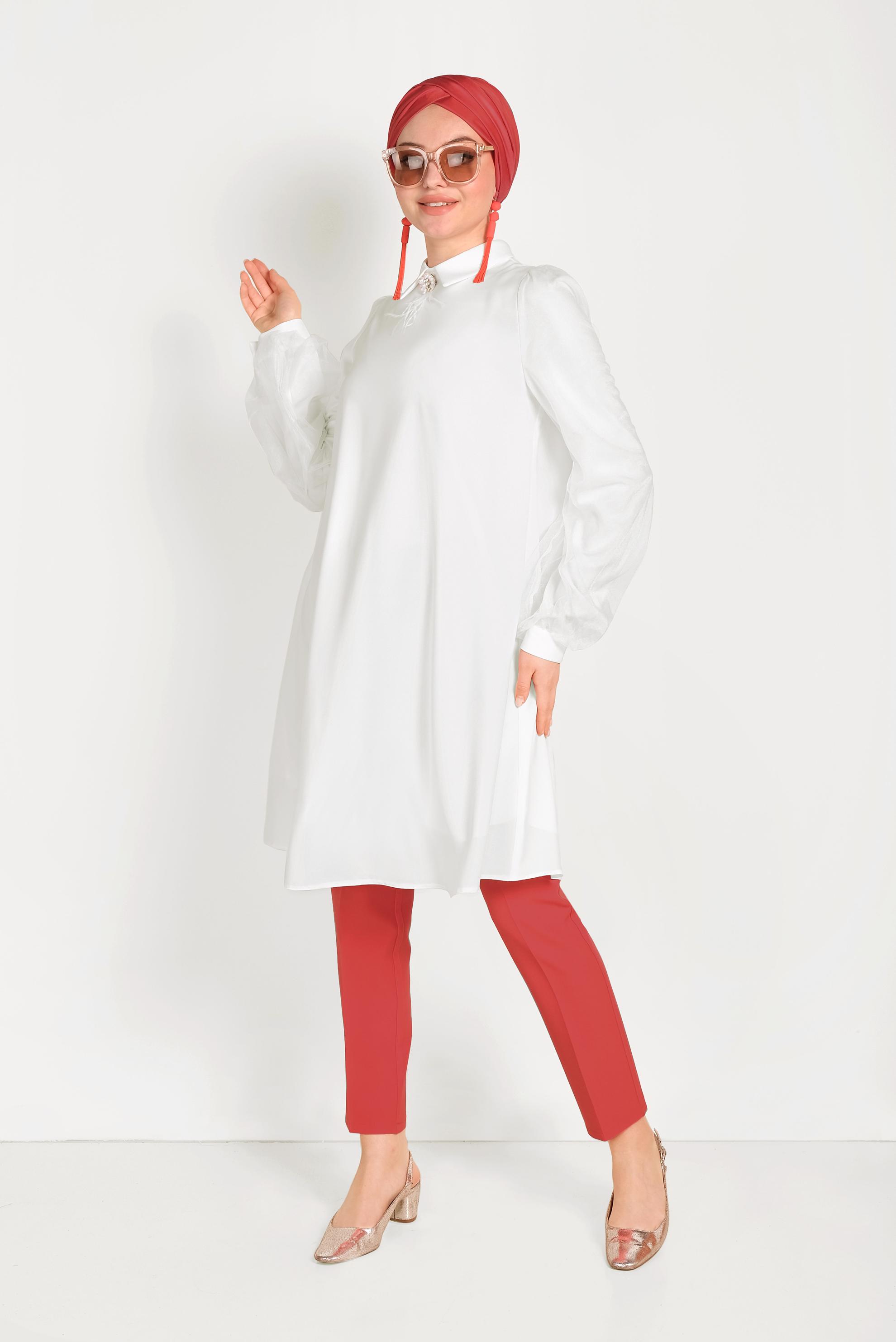 Tesettür giyim BEYAZ KOLLARI TÜL DETAYLI TUNİK 40481