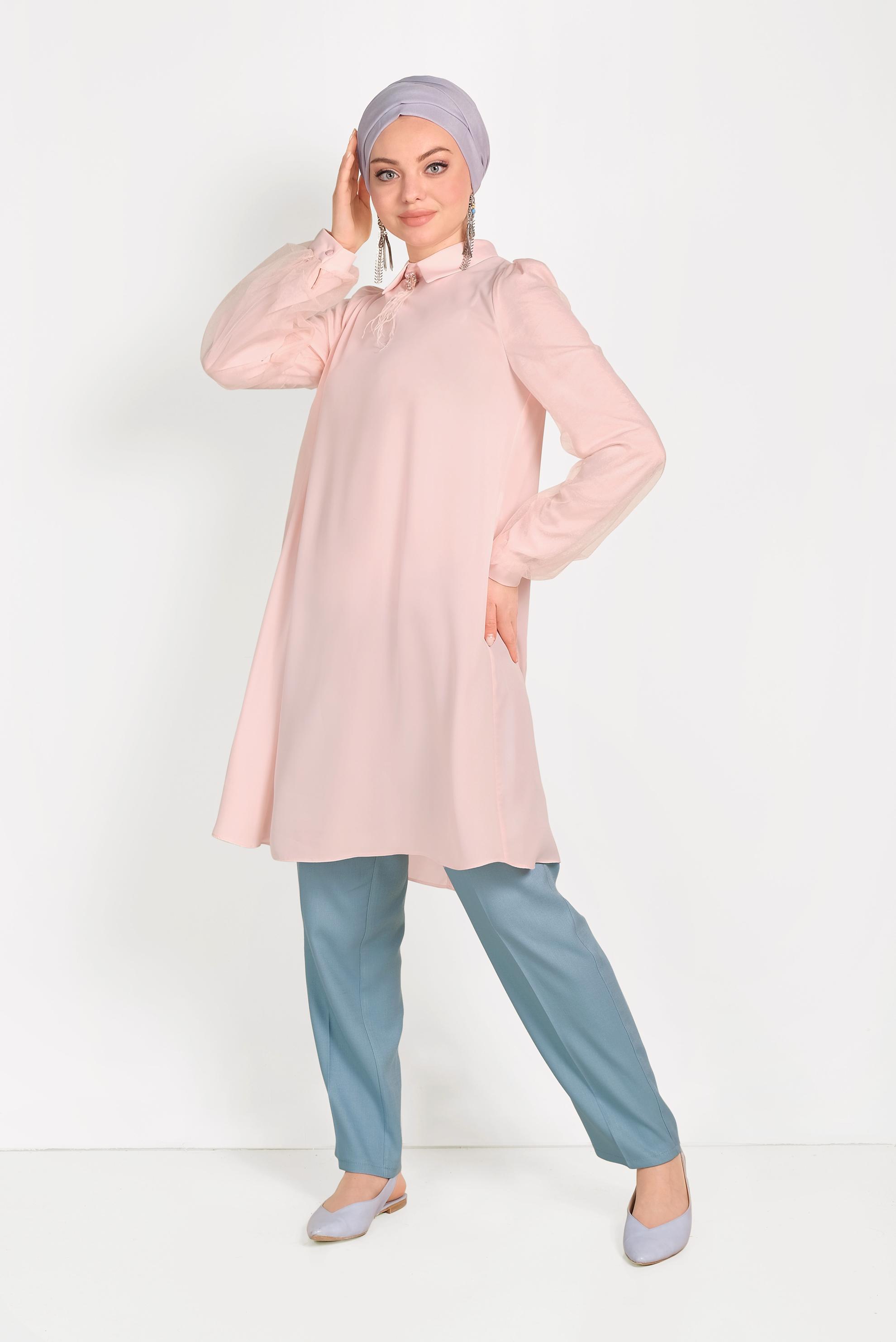 Tesettür giyim PUDRA KOLLARI TÜL DETAYLI TUNİK 40481