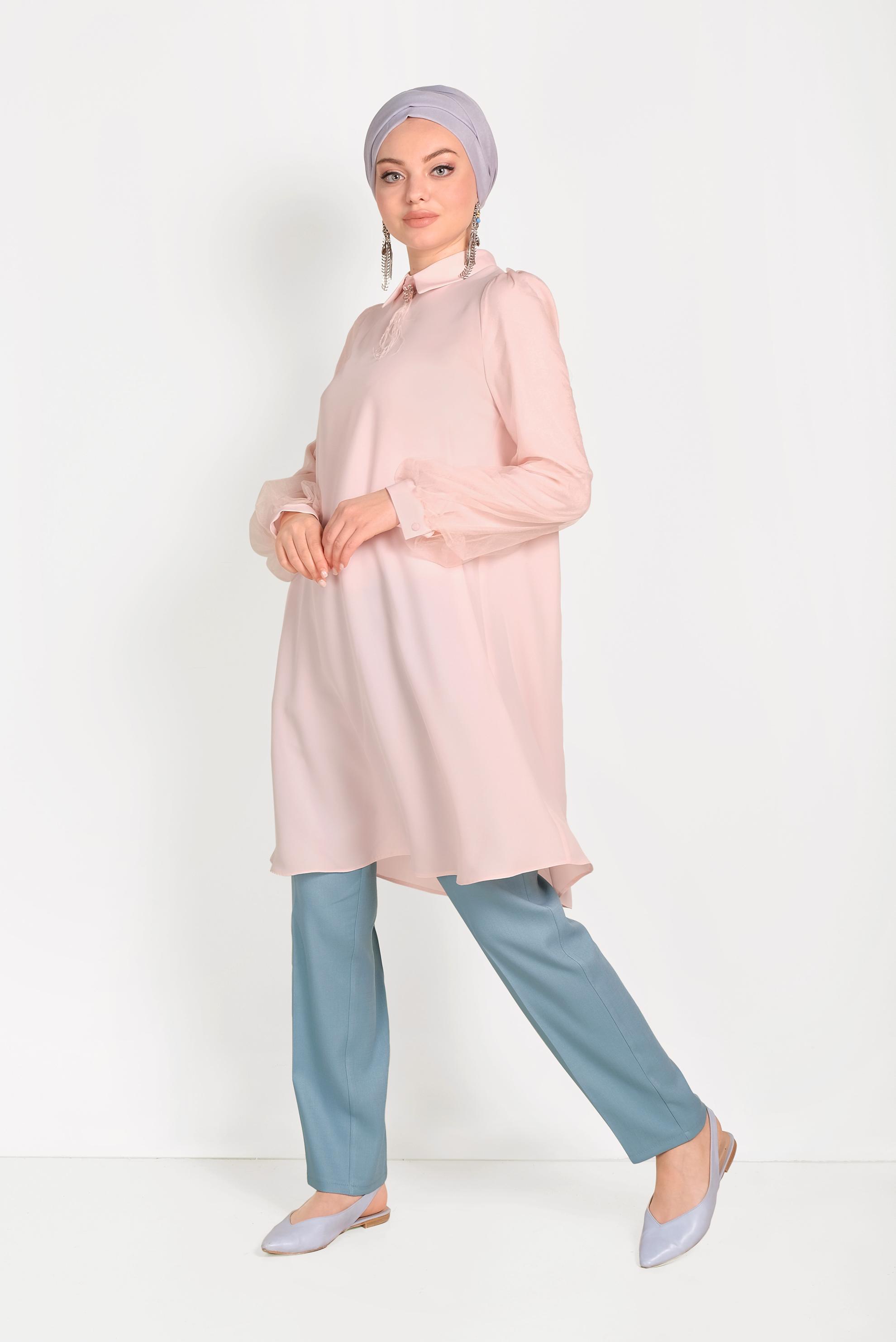 Tesettür giyim PUDRA KOLLARI TÜL DETAYLI TUNİK 40481