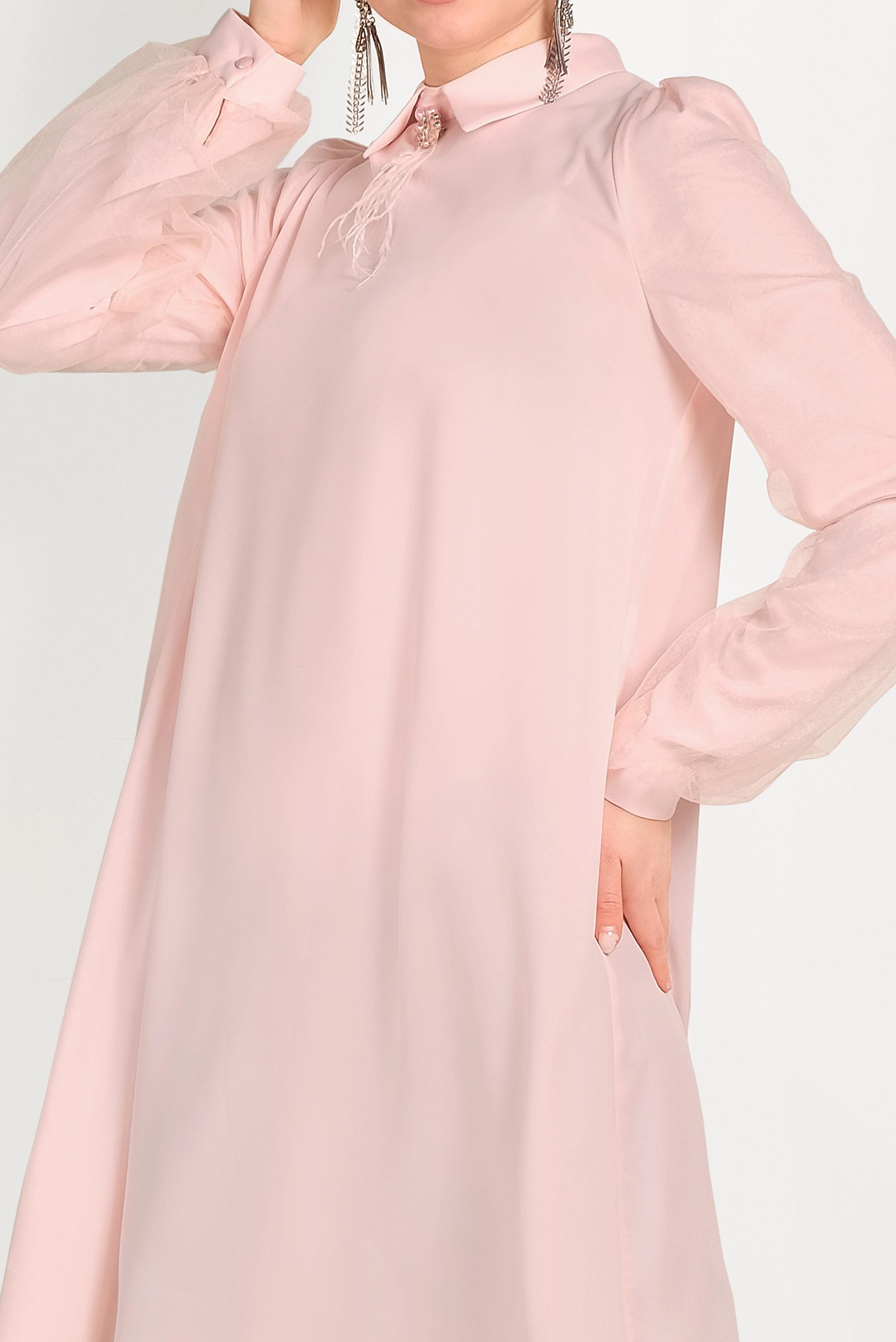 Tesettür giyim PUDRA KOLLARI TÜL DETAYLI TUNİK 40481