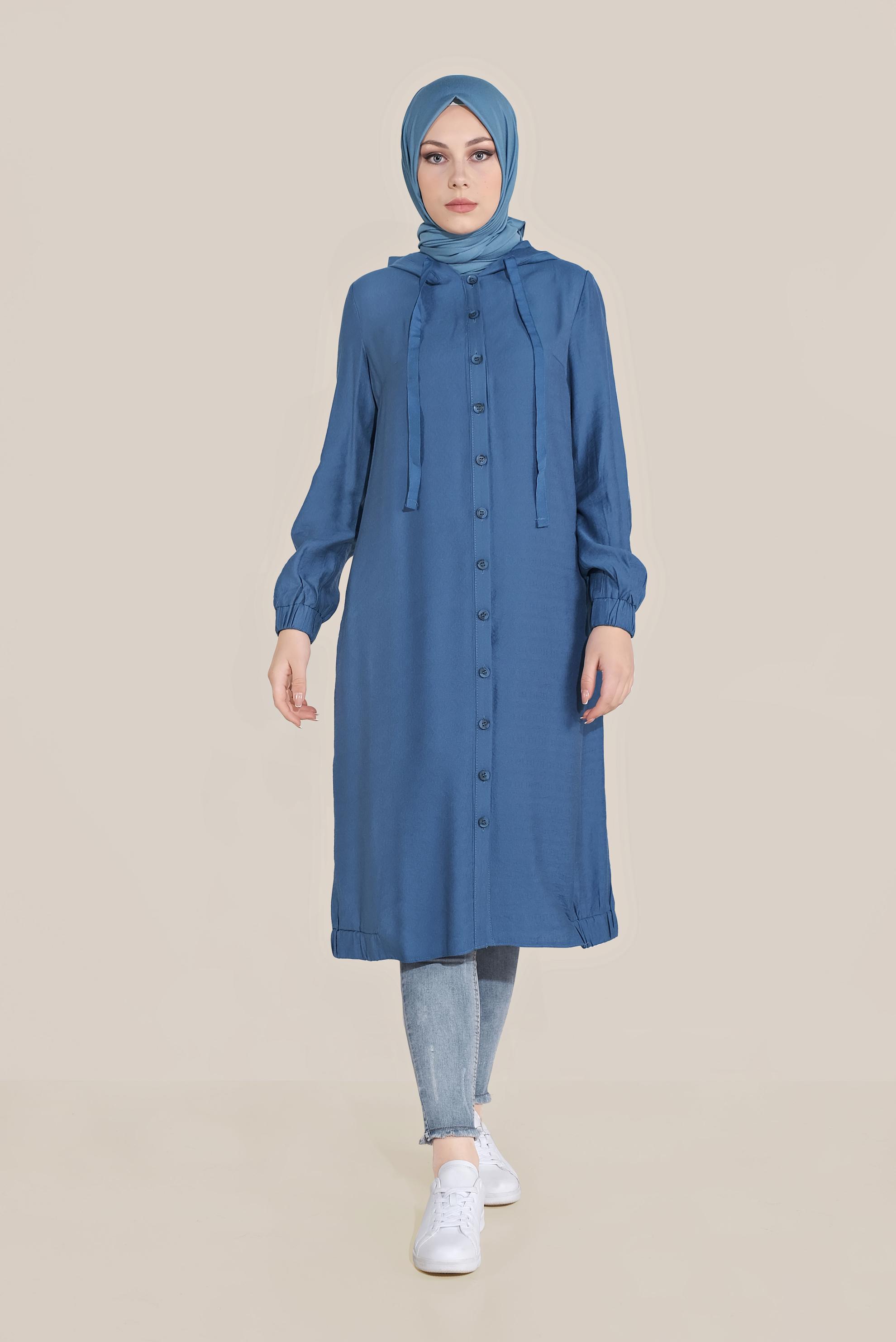 Tesettür giyim LACİVERT BOYDAN DÜĞMELİ KAPÜŞONLU TUNİK   40482 