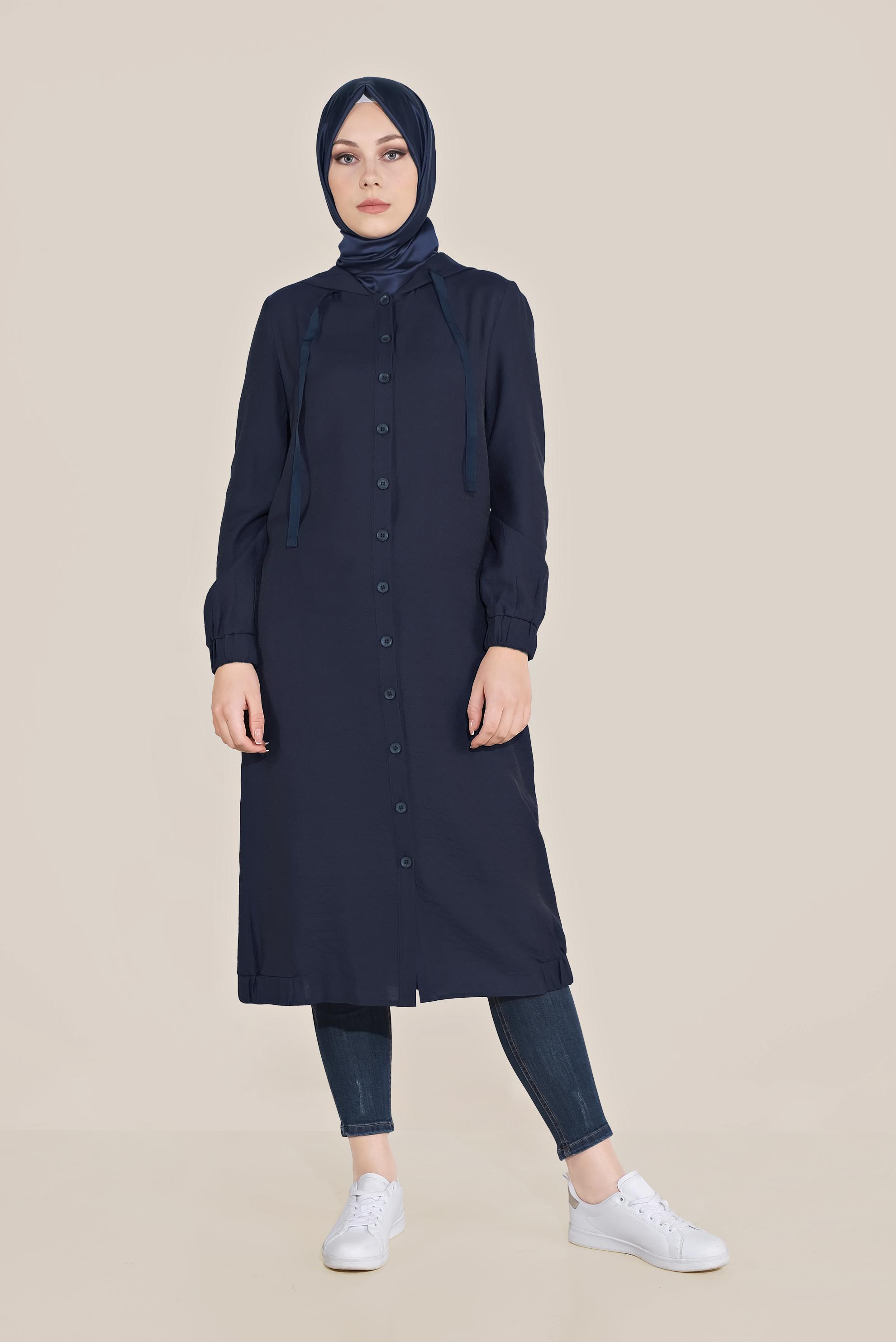 Tesettür giyim LACİVERT BOYDAN DÜĞMELİ KAPÜŞONLU TUNİK   40482 