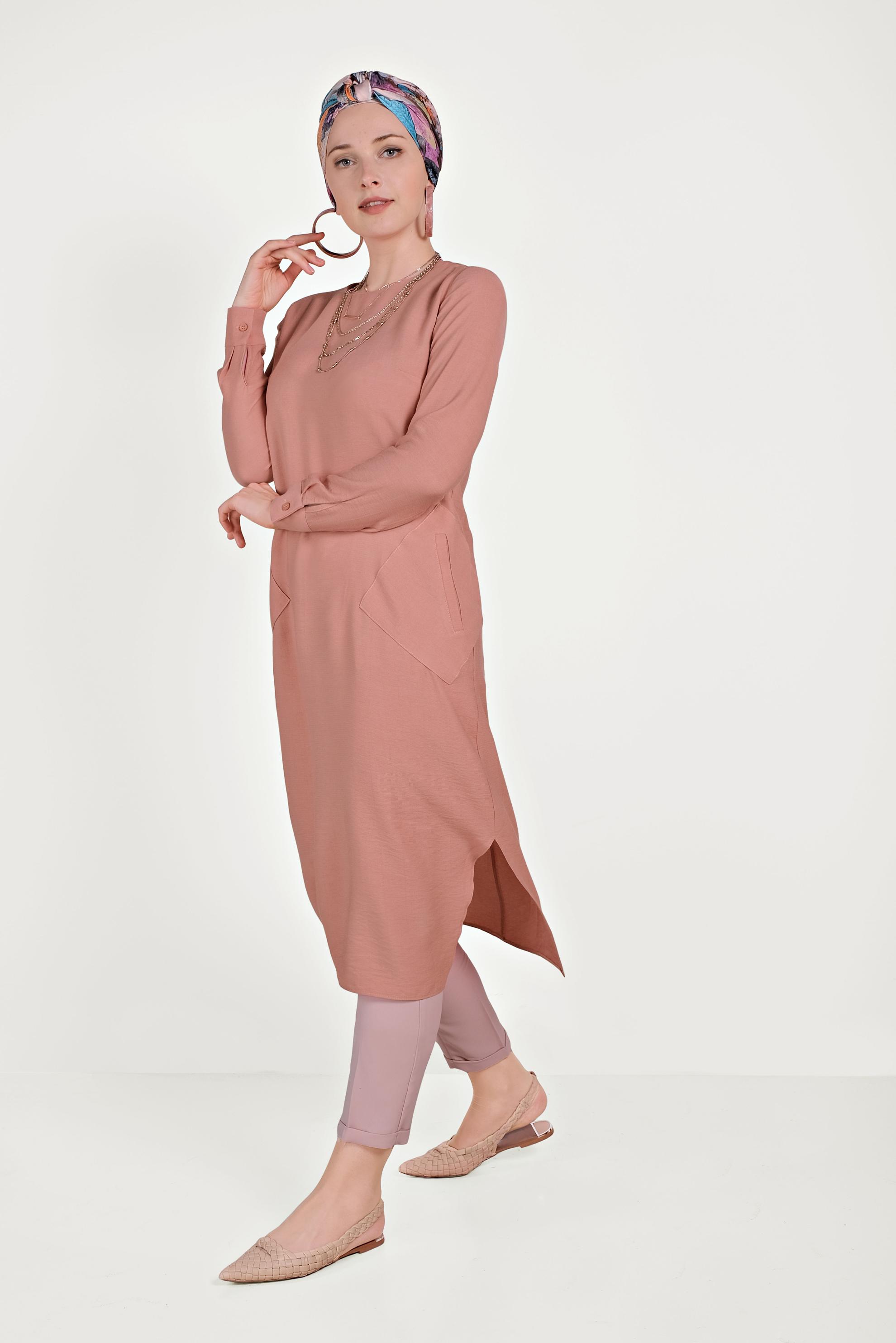 Tesettür giyim MERCAN ASİMETRİK KESİM CEPLİ TUNİK 40484