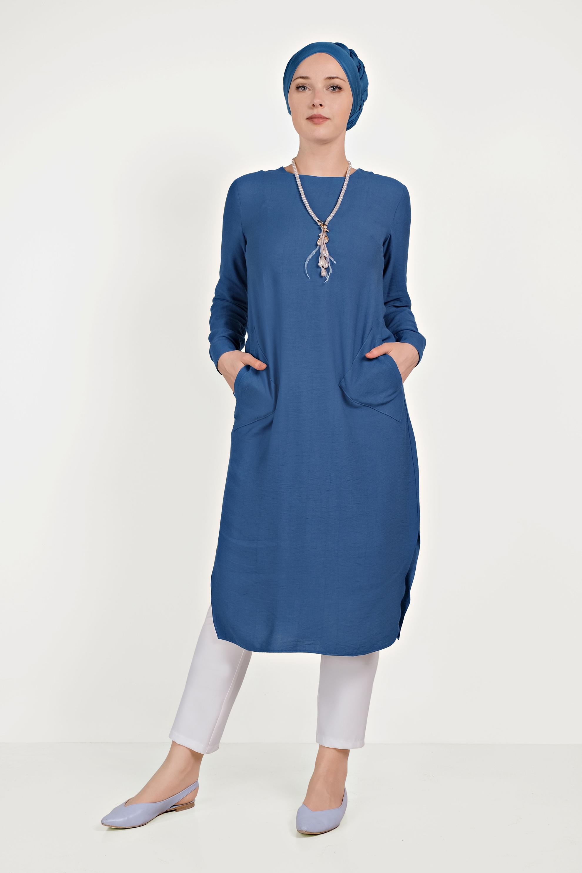 Hijab clothing NAVY BLUE ASYMMETRIC TUNIC WITH POCKETS 40484
