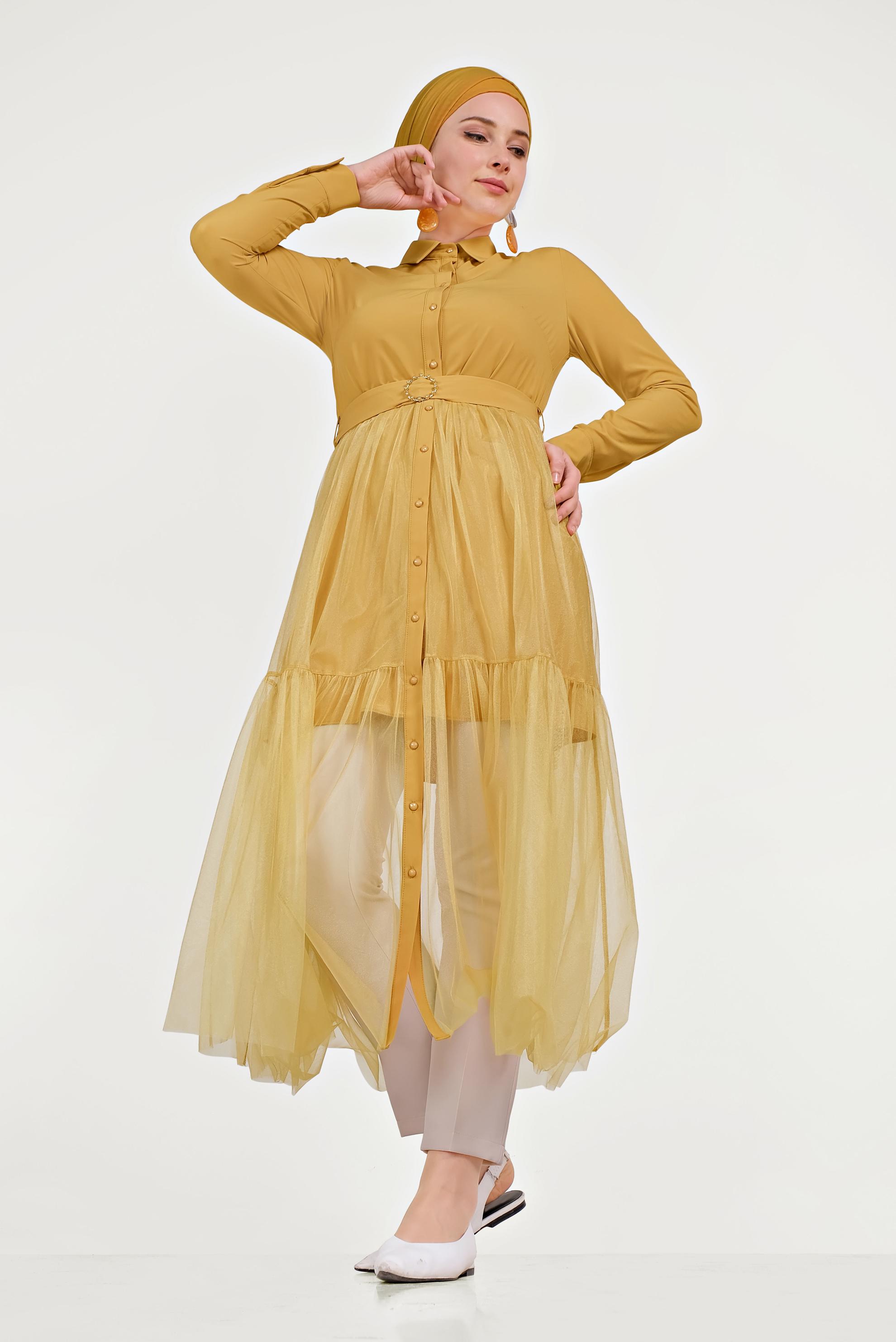 Tesettür giyim SARI TÜLLÜ TUNİK 40491