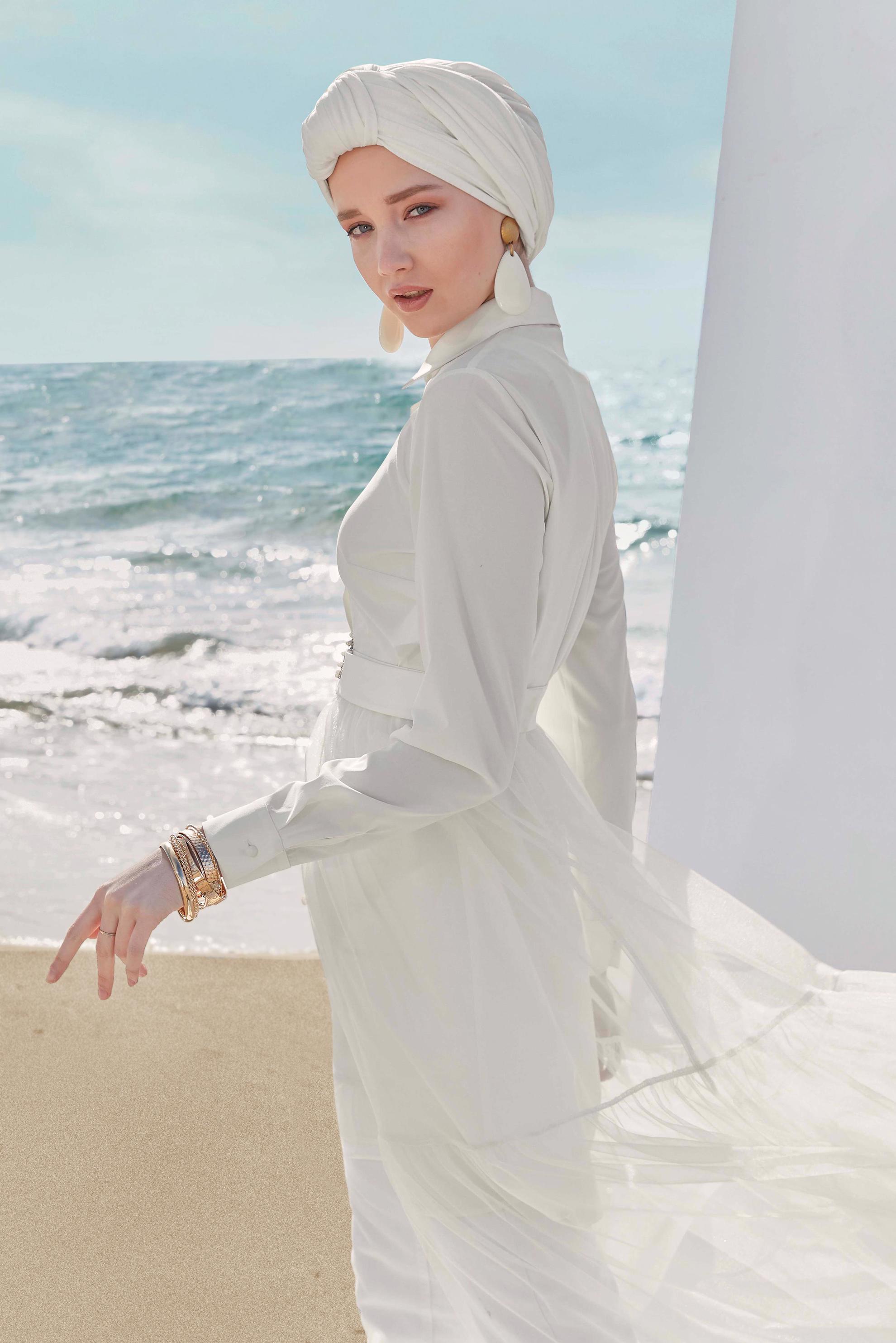 Tesettür giyim EKRU TÜLLÜ TUNİK 40491