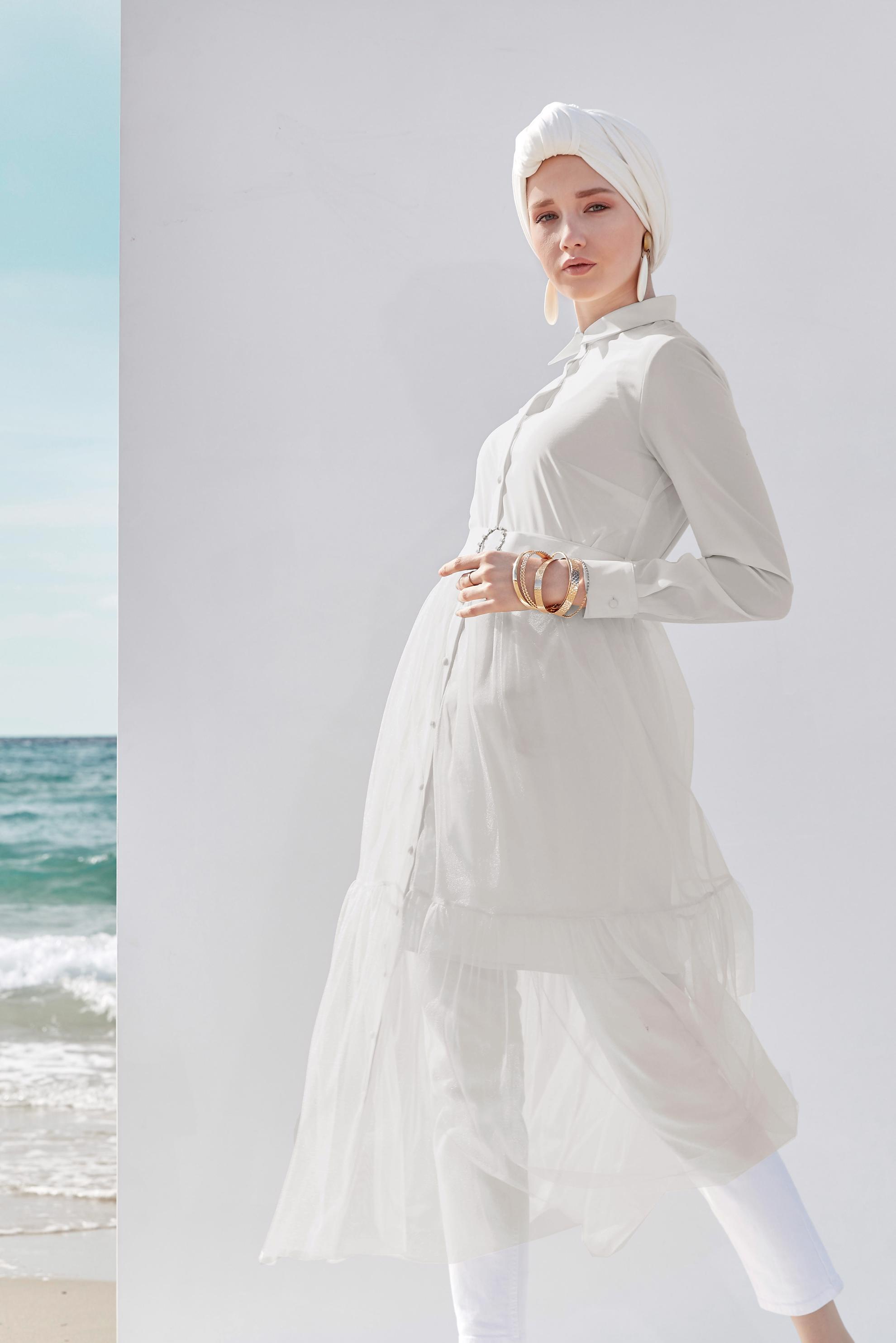 Tesettür giyim EKRU TÜLLÜ TUNİK 40491