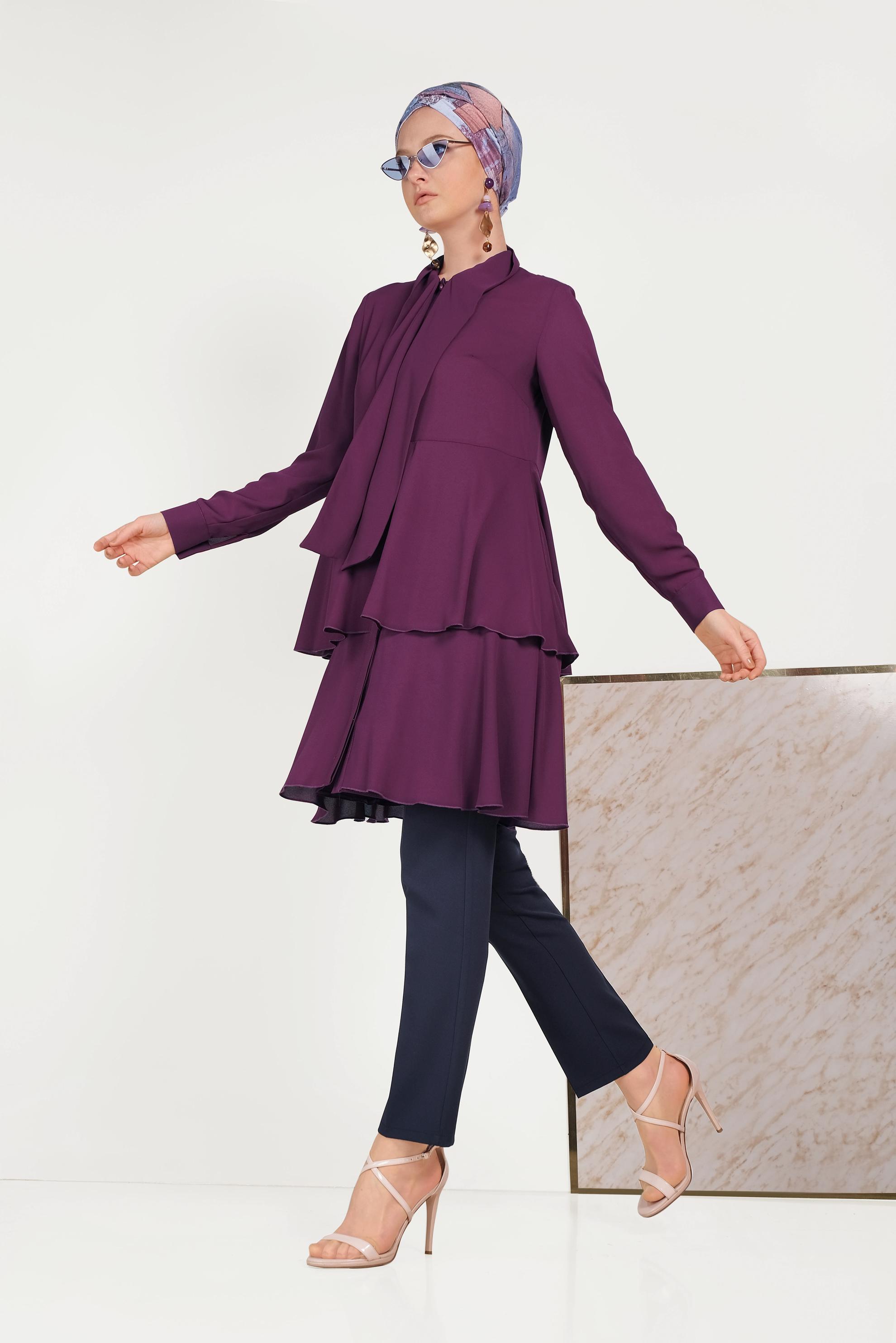 Tesettür giyim MÜRDÜM FULAR YAKA ETEK UCU FIRFIRLI TUNİK 40492