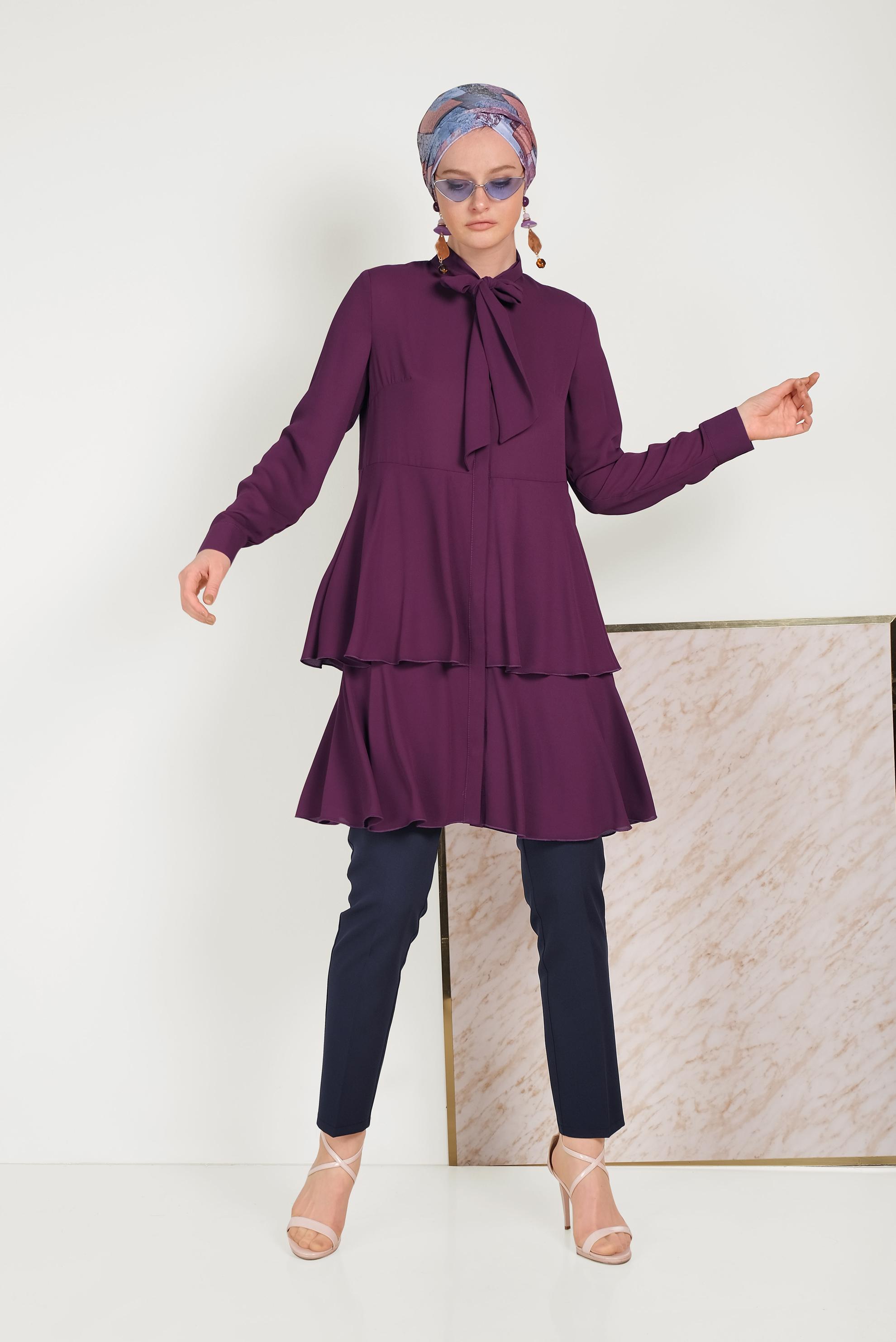 Tesettür giyim MÜRDÜM FULAR YAKA ETEK UCU FIRFIRLI TUNİK 40492