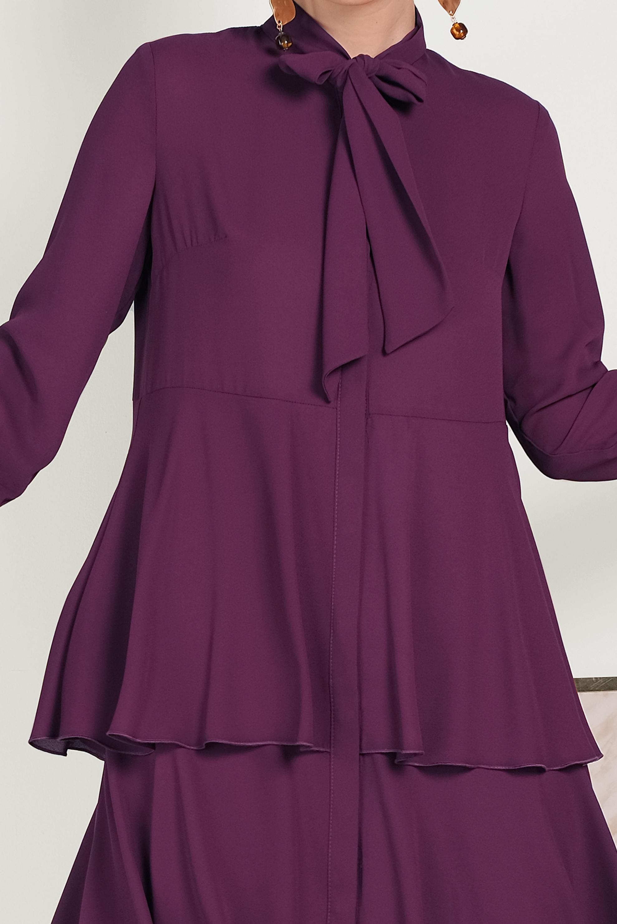 Tesettür giyim MÜRDÜM FULAR YAKA ETEK UCU FIRFIRLI TUNİK 40492