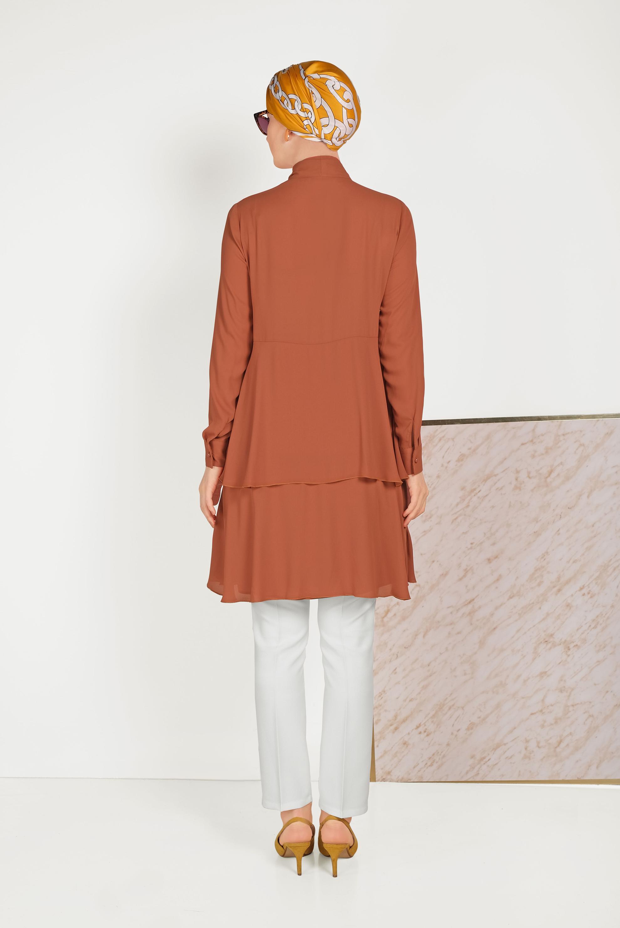 Tesettür giyim TABA FULAR YAKA ETEK UCU FIRFIRLI TUNİK 40492