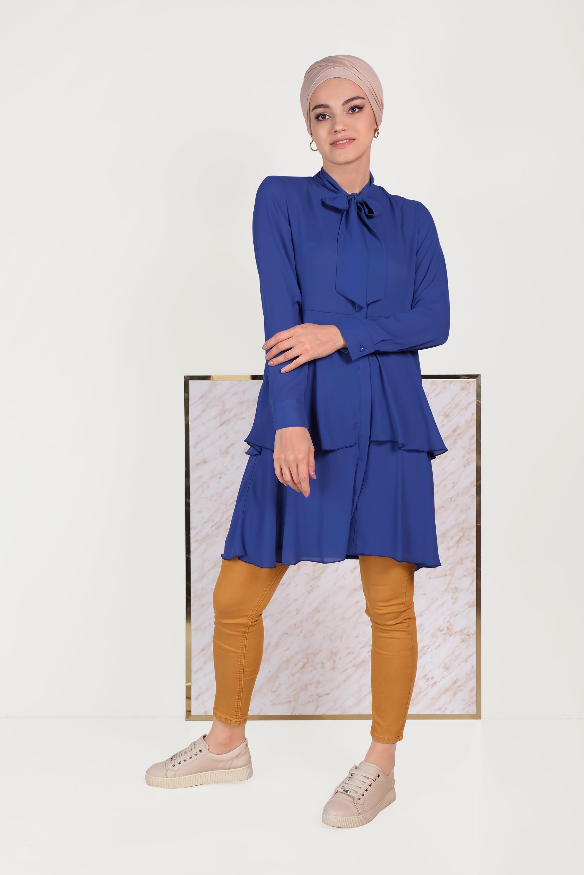 Tesettür giyim MAVİ FULAR YAKA ETEK UCU FIRFIRLI TUNİK 40492