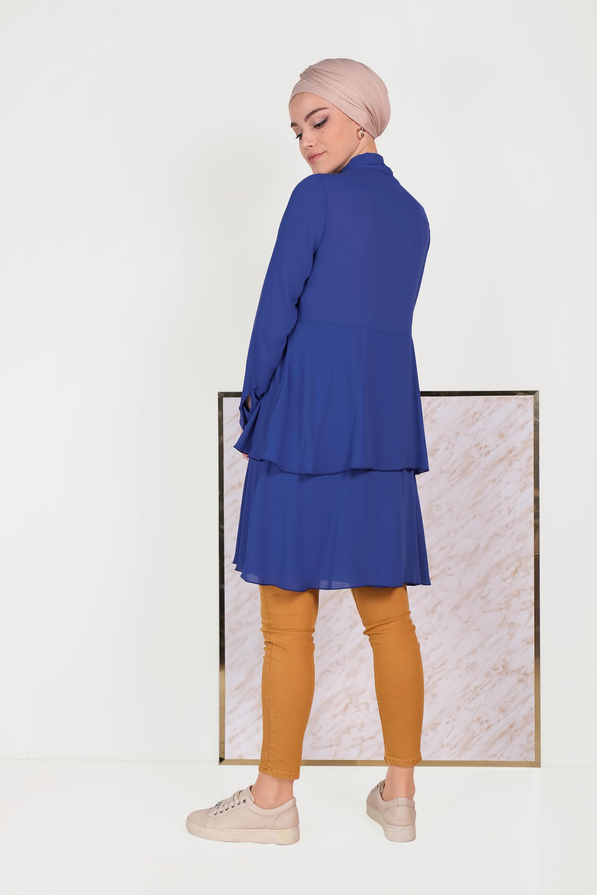 Tesettür giyim MAVİ FULAR YAKA ETEK UCU FIRFIRLI TUNİK 40492