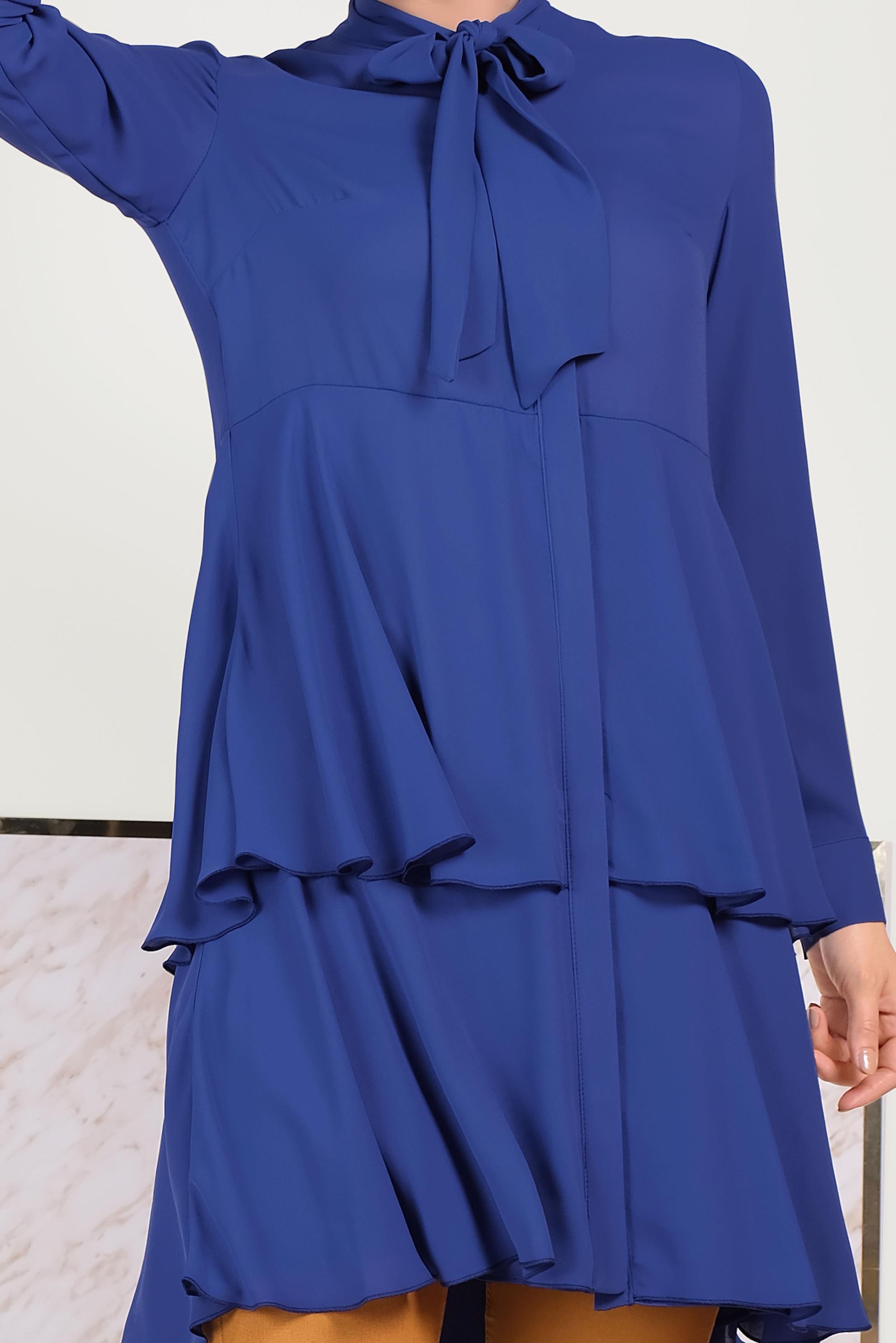 Tesettür giyim MAVİ FULAR YAKA ETEK UCU FIRFIRLI TUNİK 40492