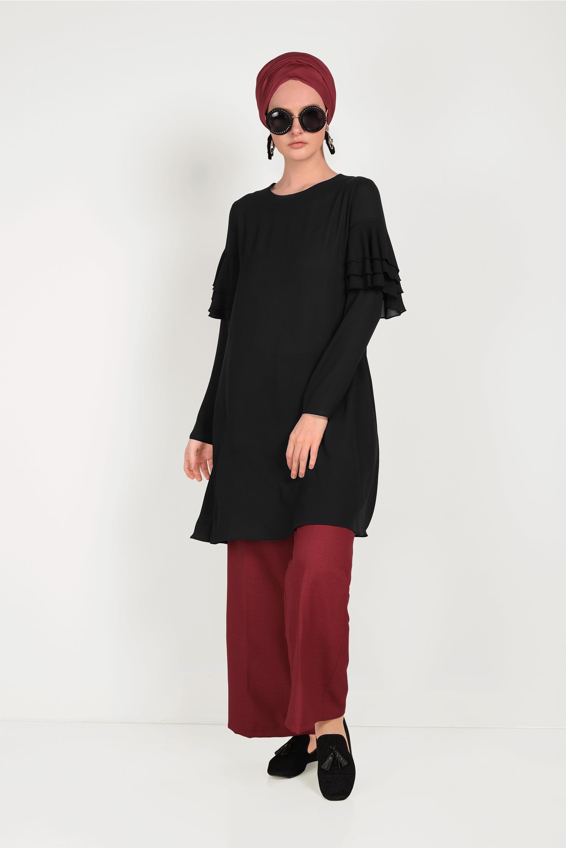 Tesettür giyim SİYAH KOLLARI FIRFIRLI TUNİK 40493
