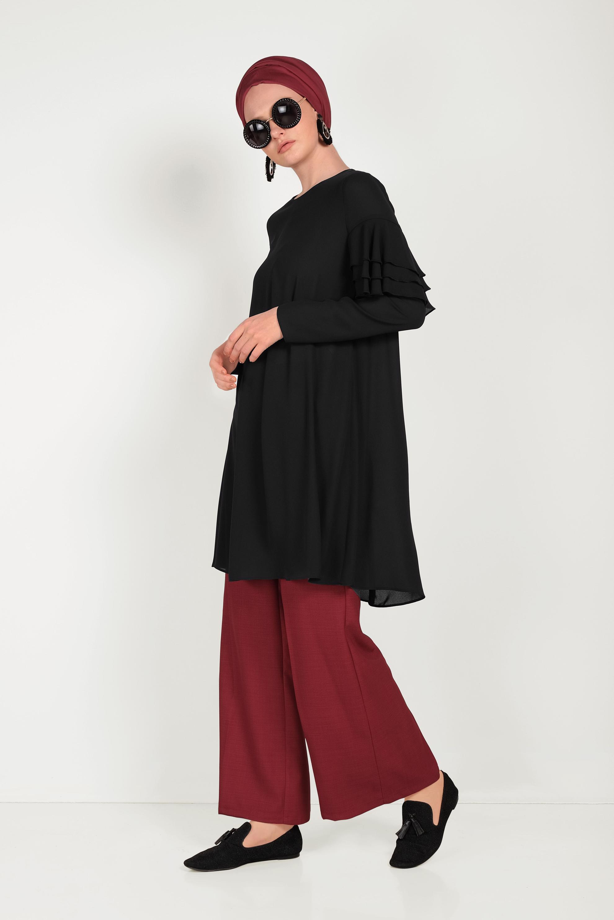 Tesettür giyim SİYAH KOLLARI FIRFIRLI TUNİK 40493