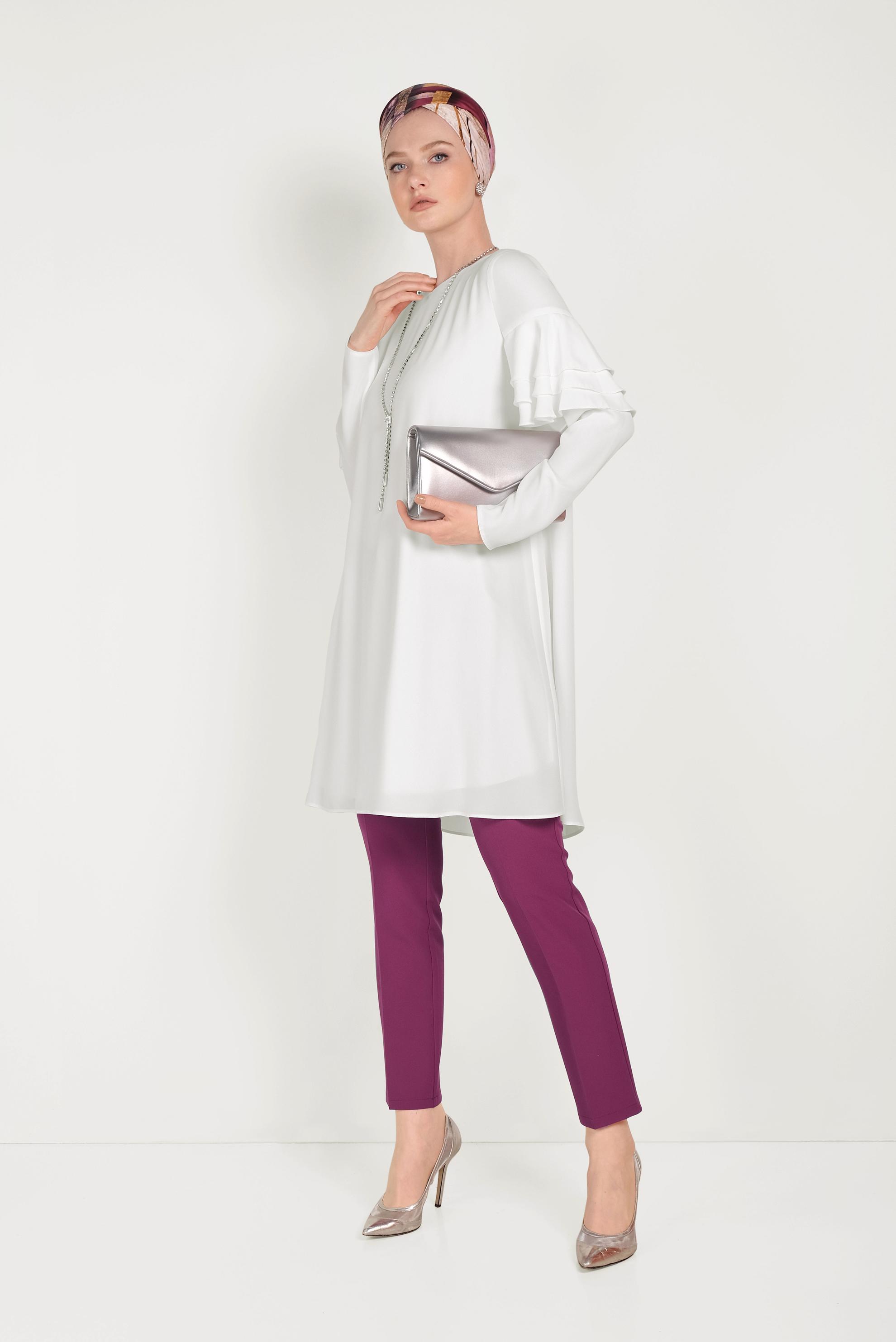 Tesettür giyim BEYAZ KOLLARI FIRFIRLI TUNİK 40493