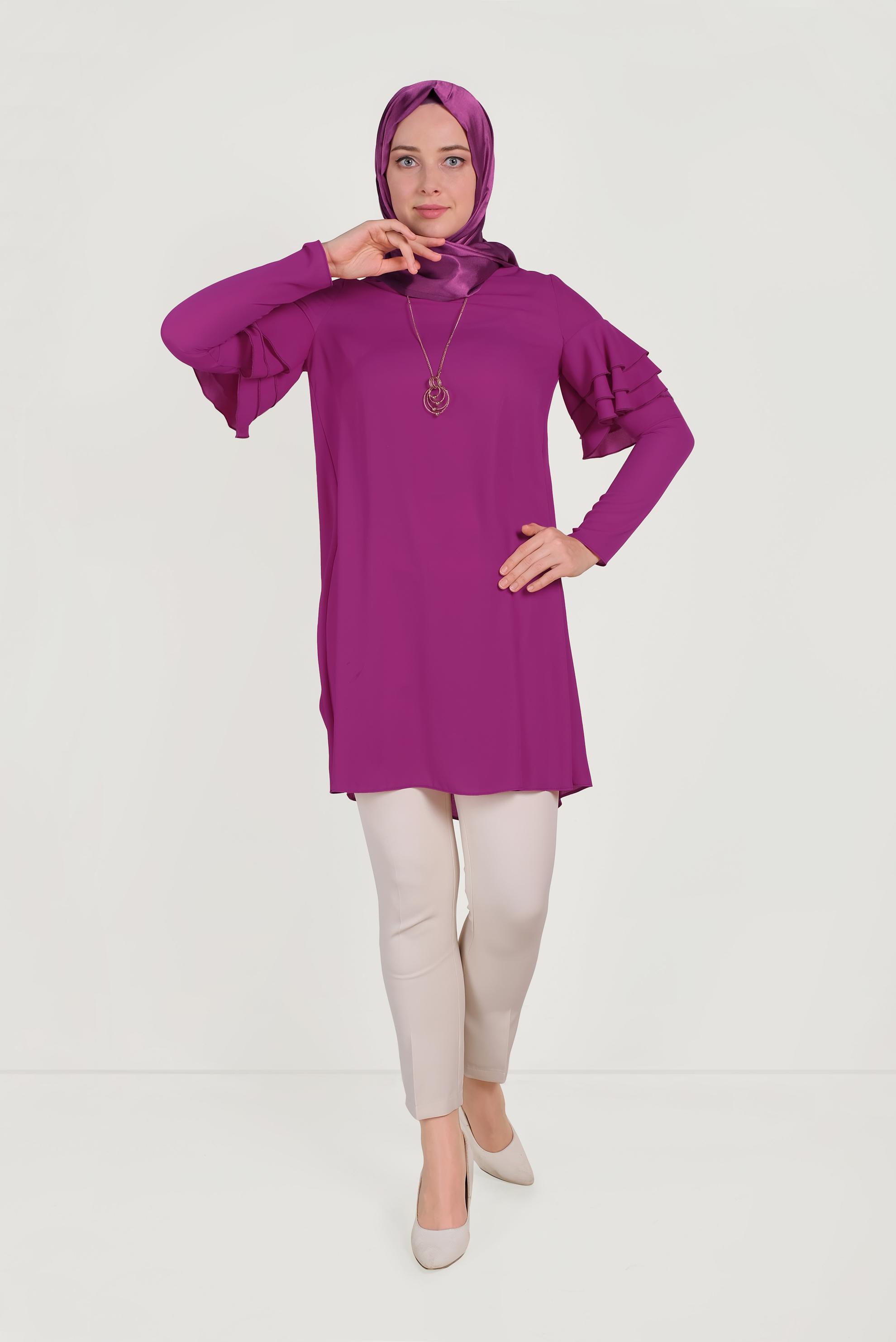 Tesettür giyim MOR KOLLARI FIRFIRLI TUNİK 40493