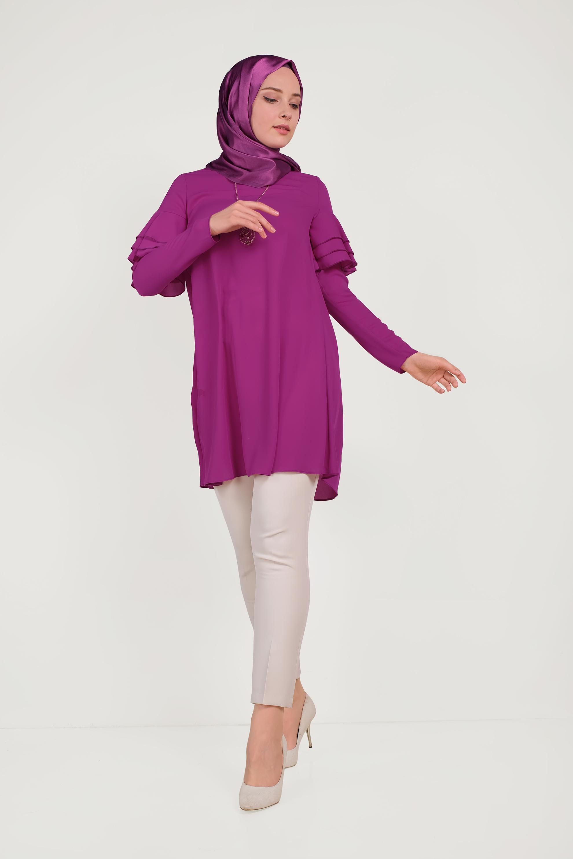 Tesettür giyim MOR KOLLARI FIRFIRLI TUNİK 40493