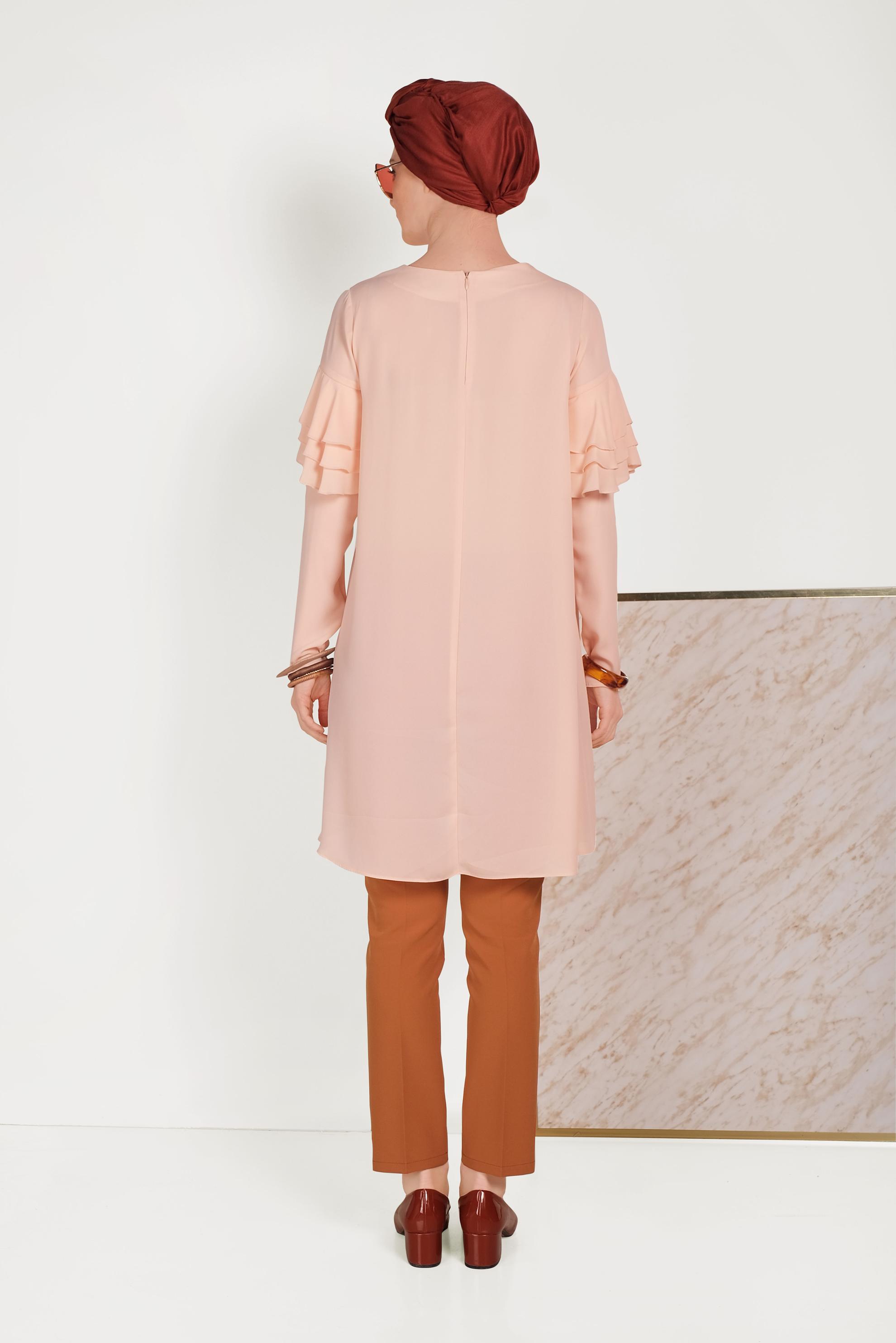 Tesettür giyim PUDRA KOLLARI FIRFIRLI TUNİK 40493