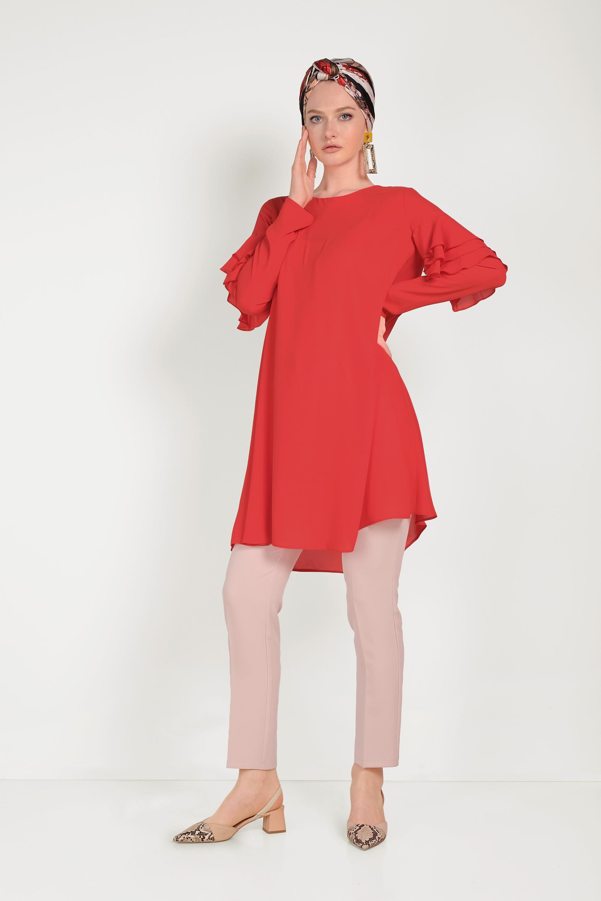 Tesettür giyim KIRMIZI KOLLARI FIRFIRLI TUNİK 40493