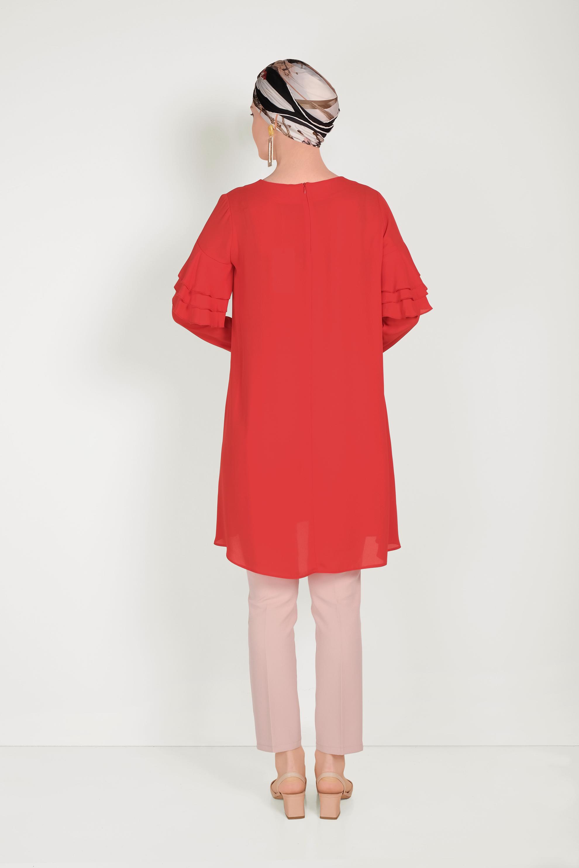 Tesettür giyim KIRMIZI KOLLARI FIRFIRLI TUNİK 40493