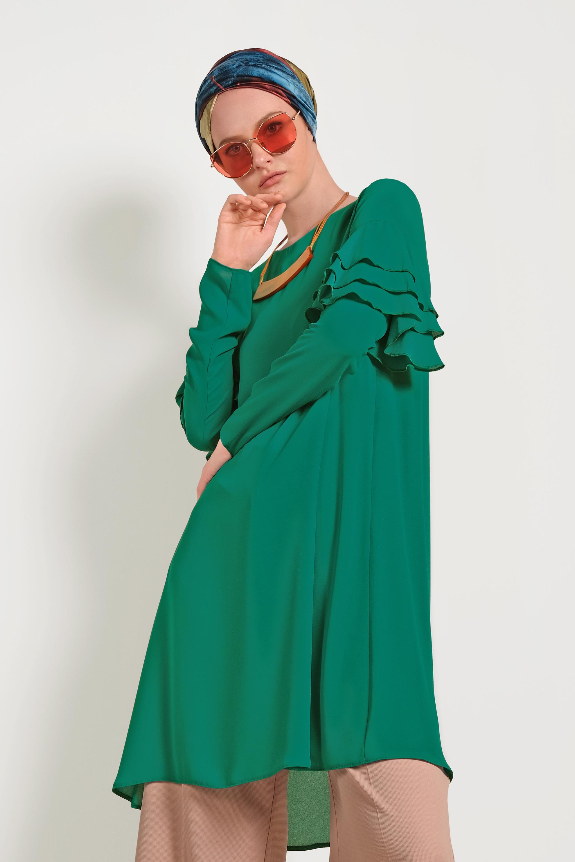 Tesettür giyim YEŞİL KOLLARI FIRFIRLI TUNİK 40493