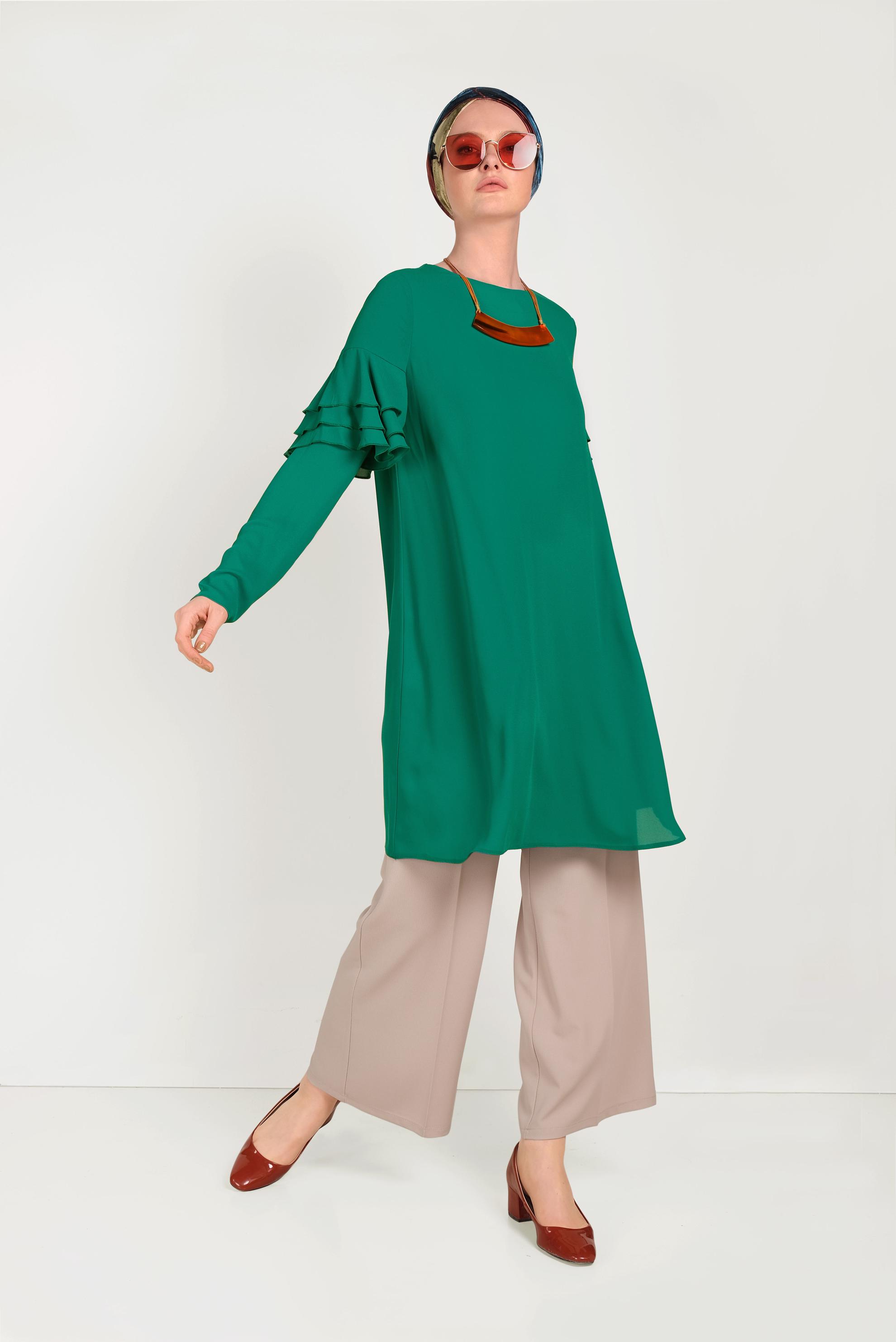 Tesettür giyim YEŞİL KOLLARI FIRFIRLI TUNİK 40493