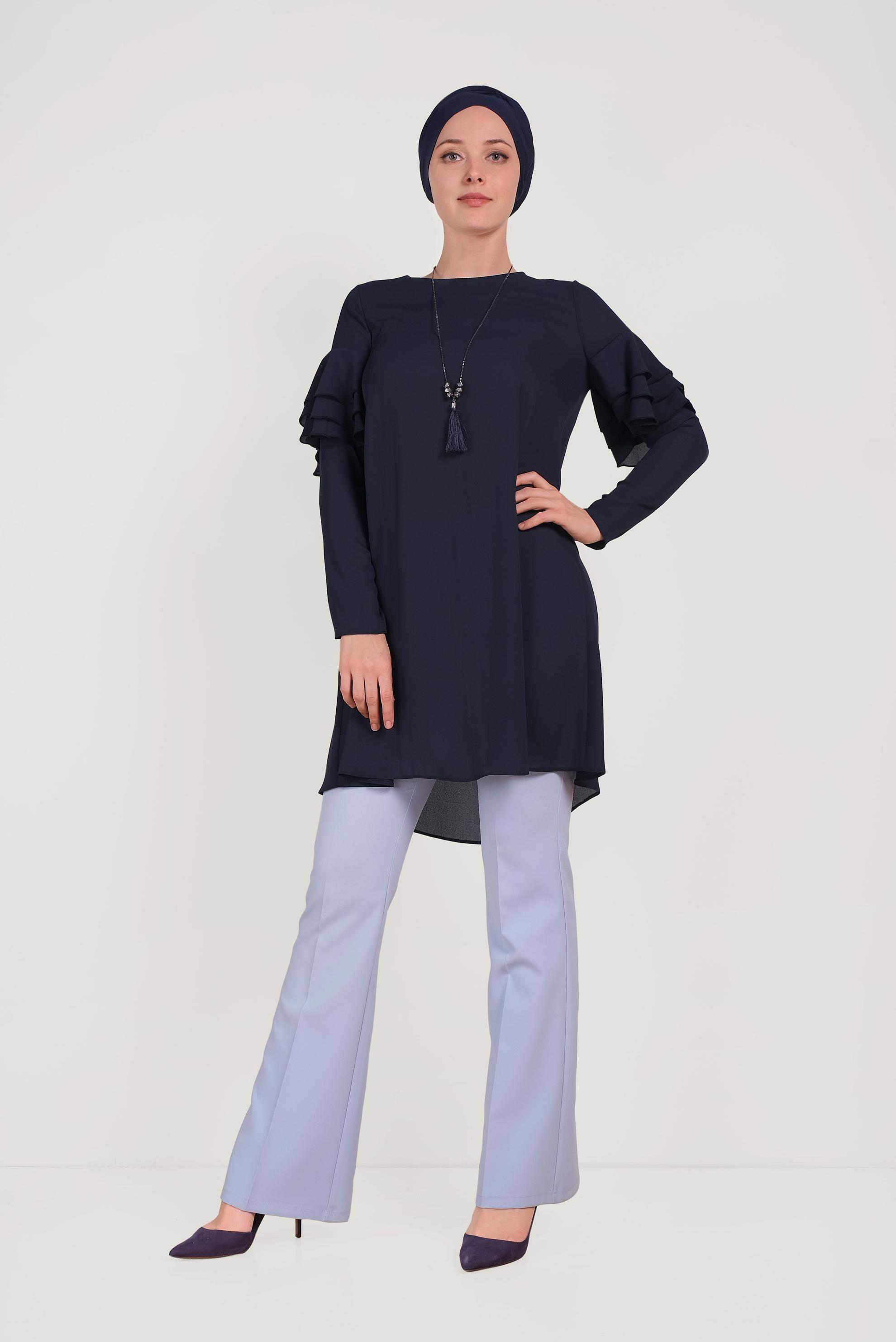 Tesettür giyim LACİVERT KOLLARI FIRFIRLI TUNİK 40493