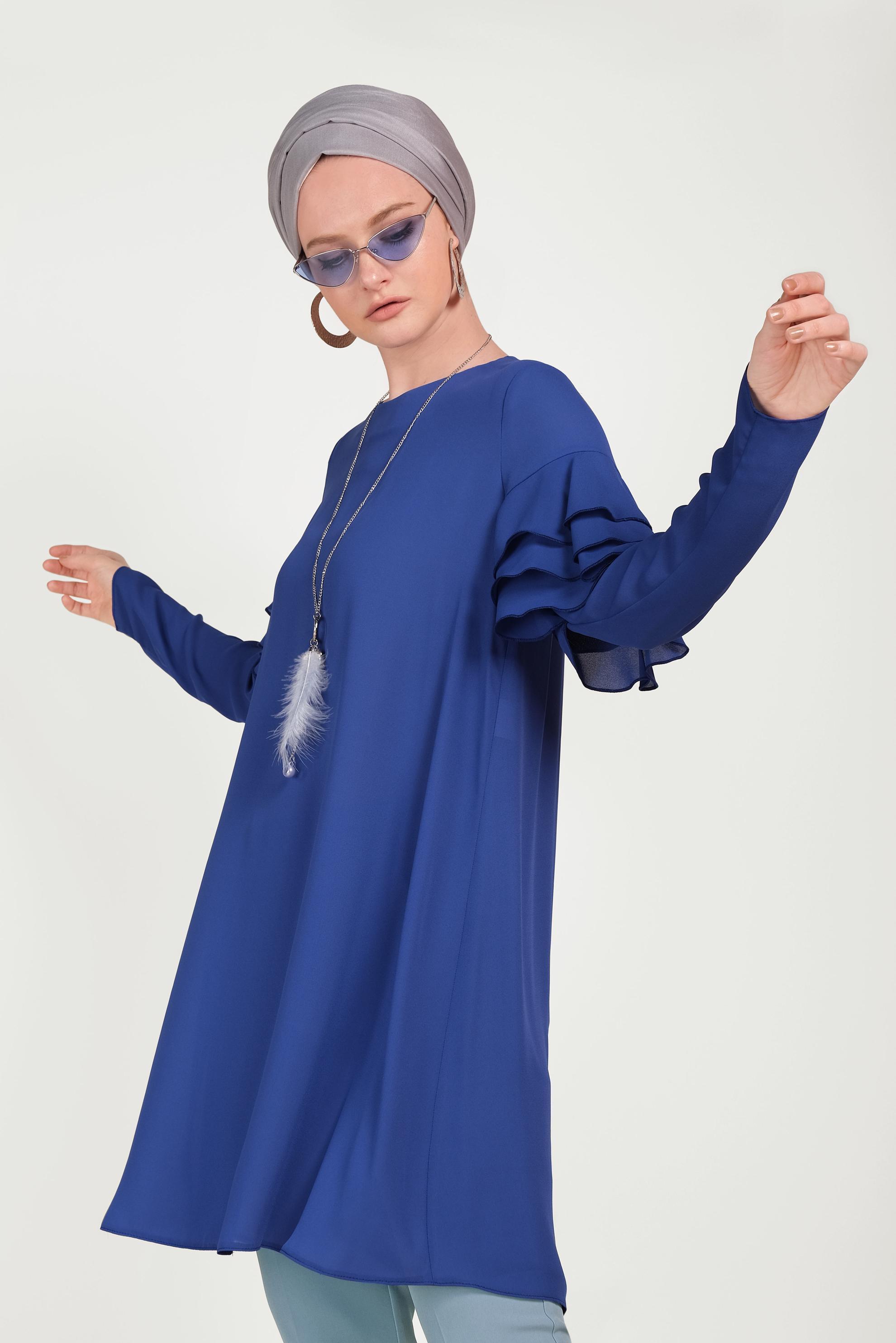Tesettür giyim MAVİ KOLLARI FIRFIRLI TUNİK 40493