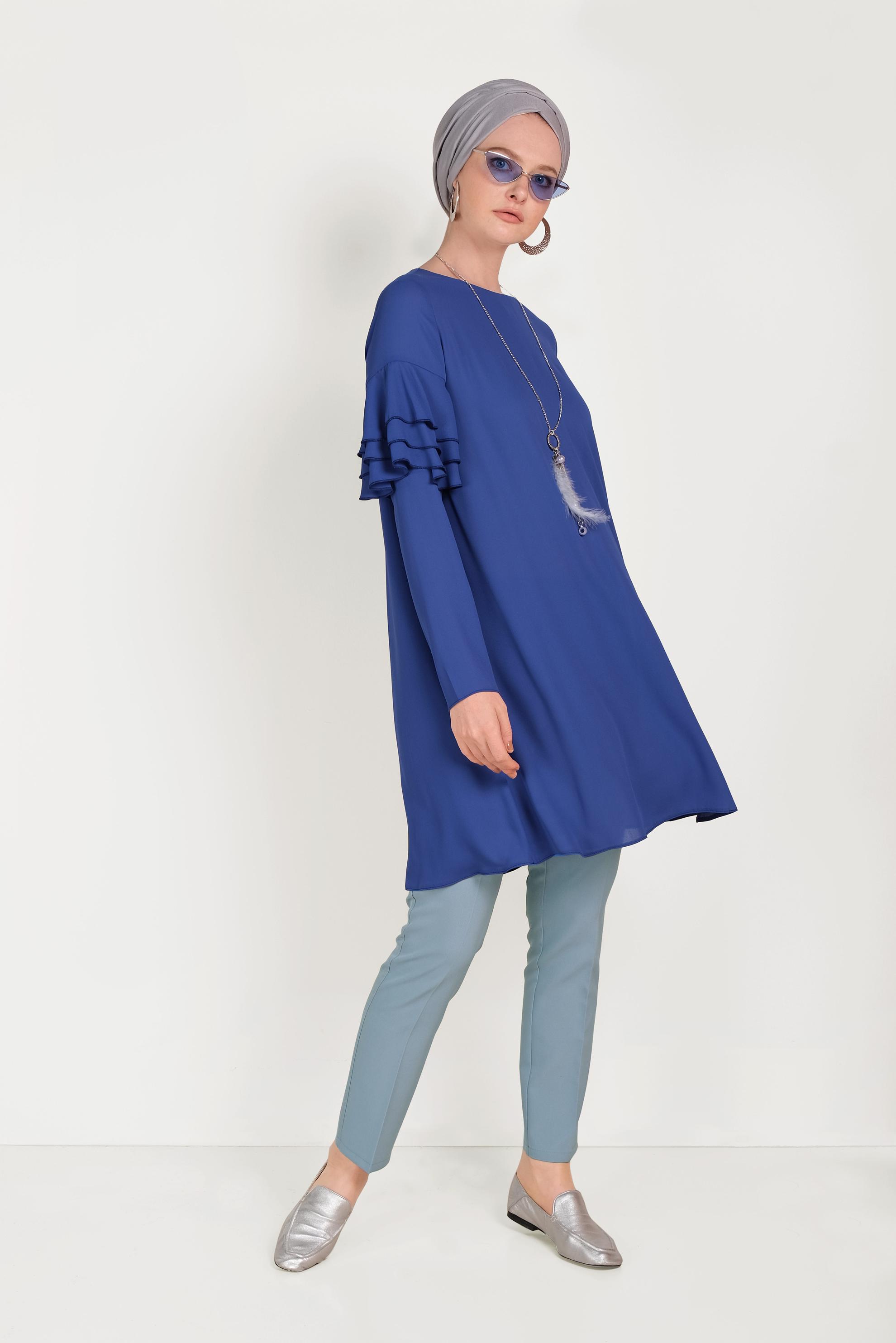 Tesettür giyim MAVİ KOLLARI FIRFIRLI TUNİK 40493