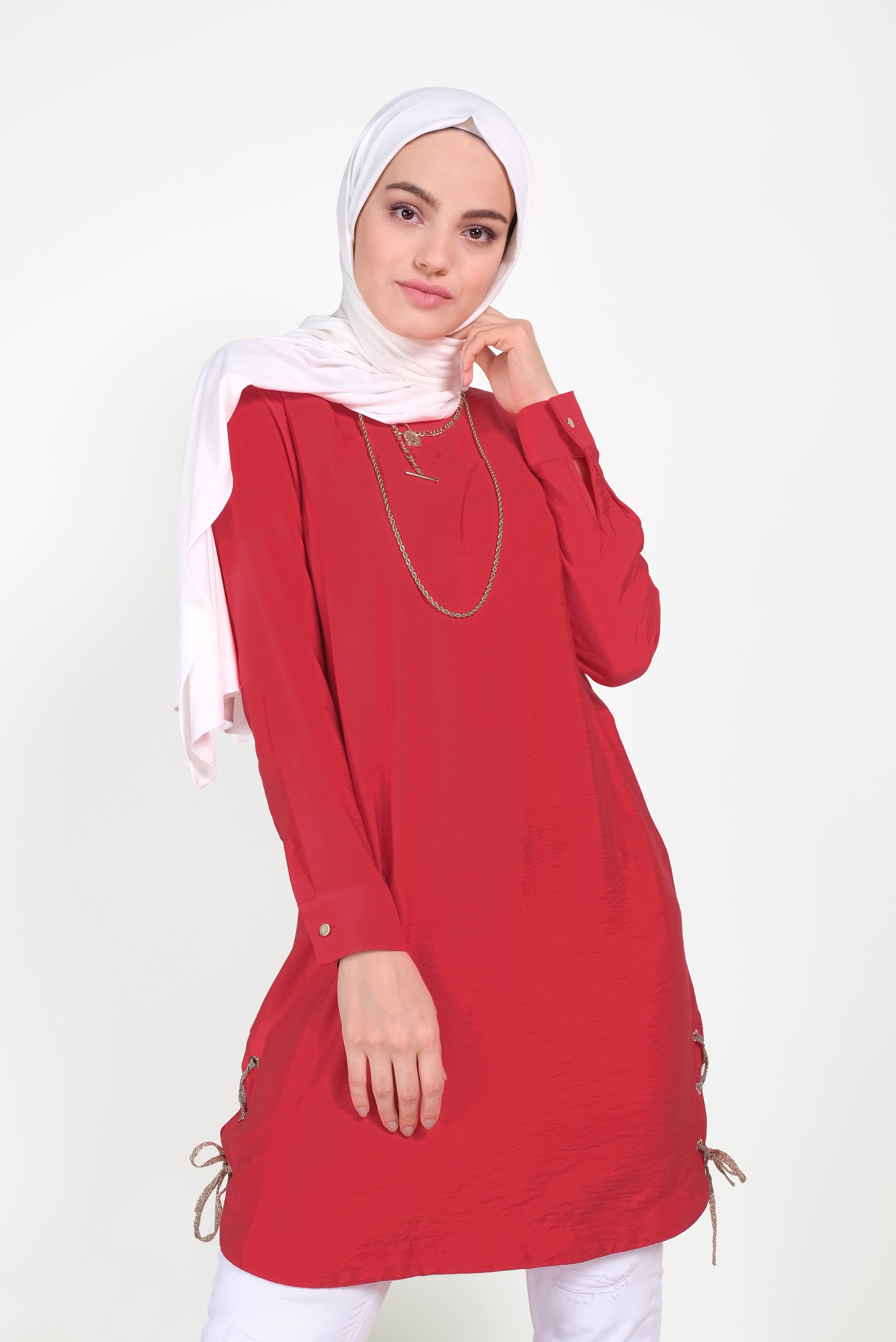 Hijab clothing RED EYELET DETAIL TUNIC 40495