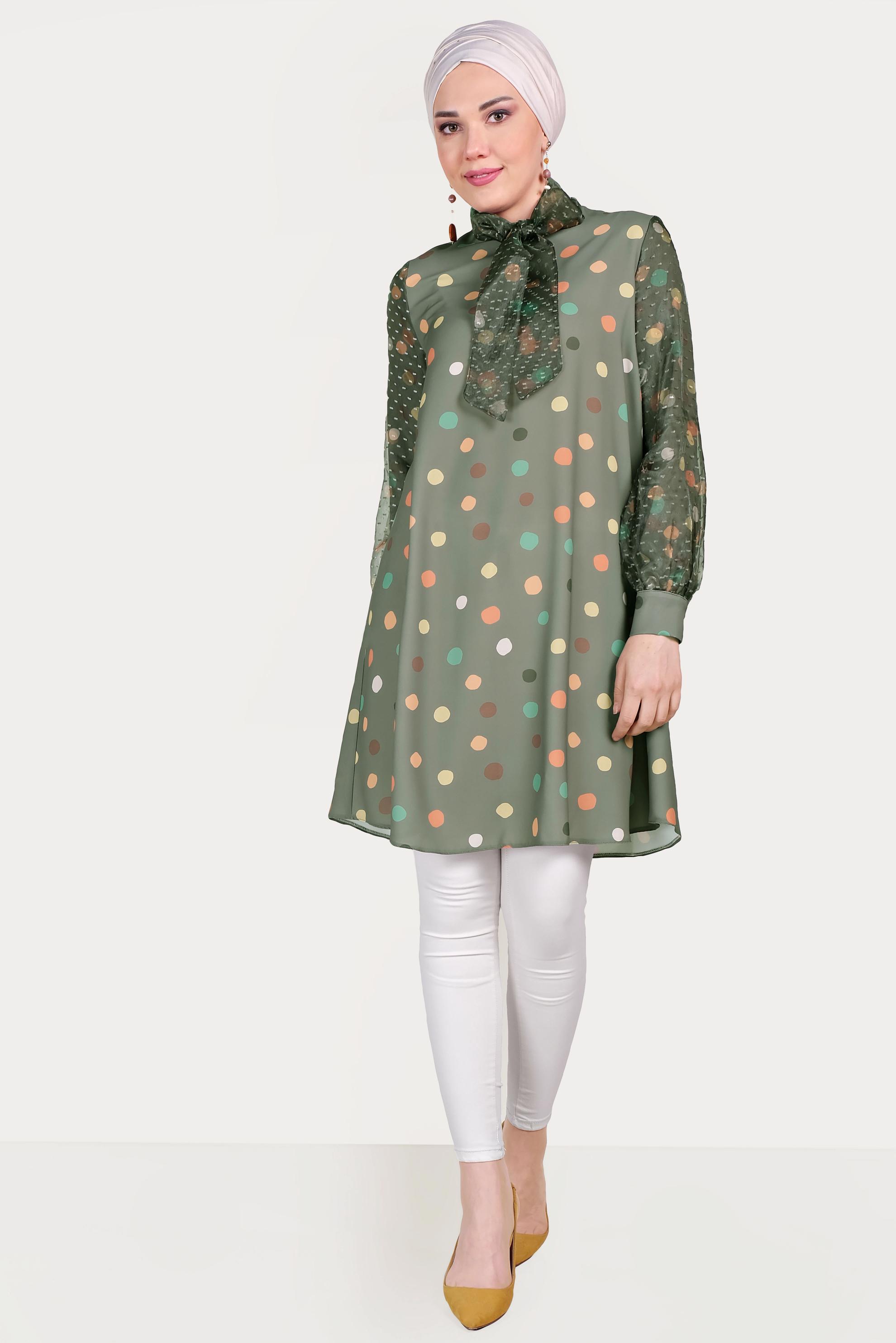 Tesettür giyim HAKİ TÜL DETAYLI PUANTİYELİ TUNİK 40503