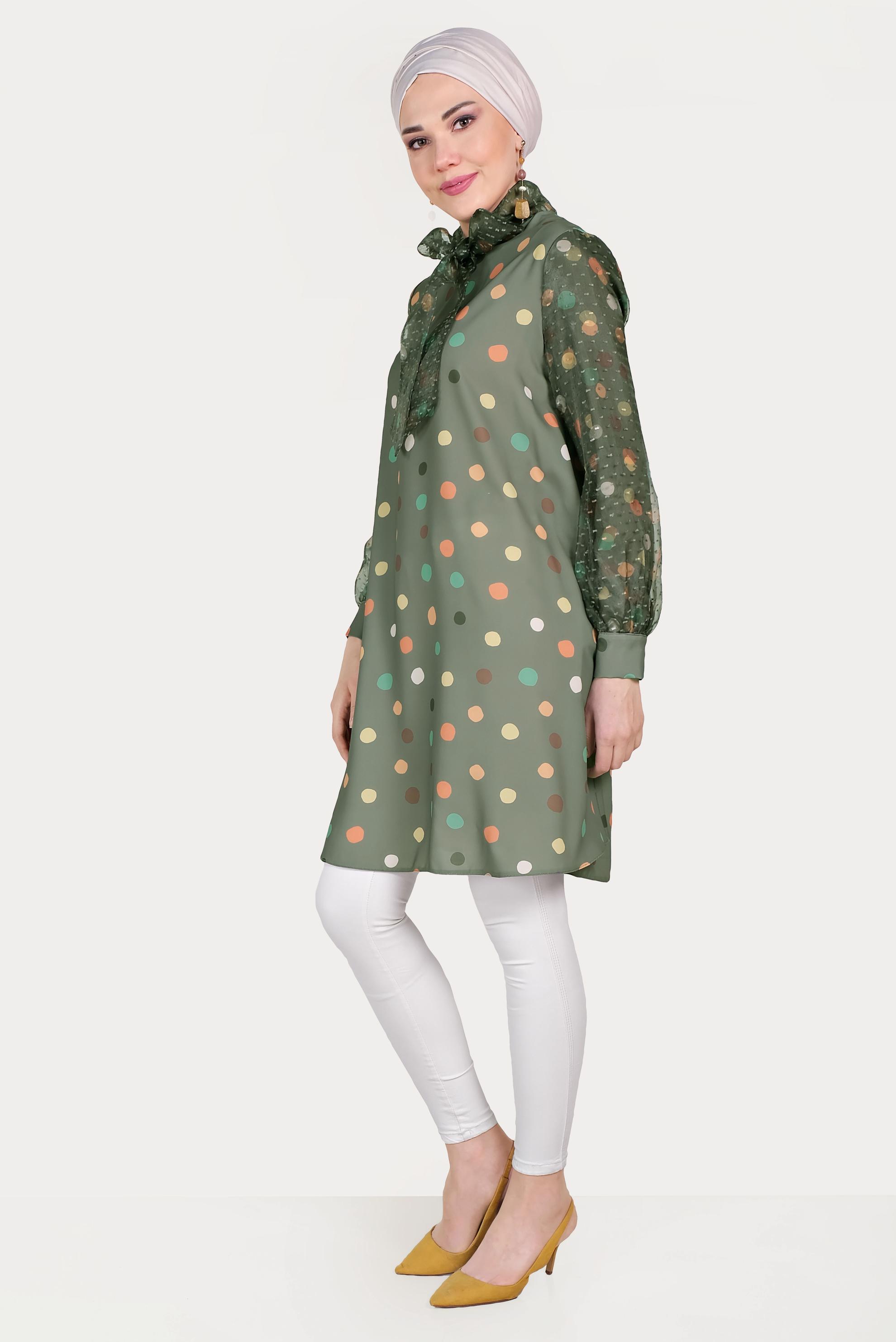 Tesettür giyim HAKİ TÜL DETAYLI PUANTİYELİ TUNİK 40503