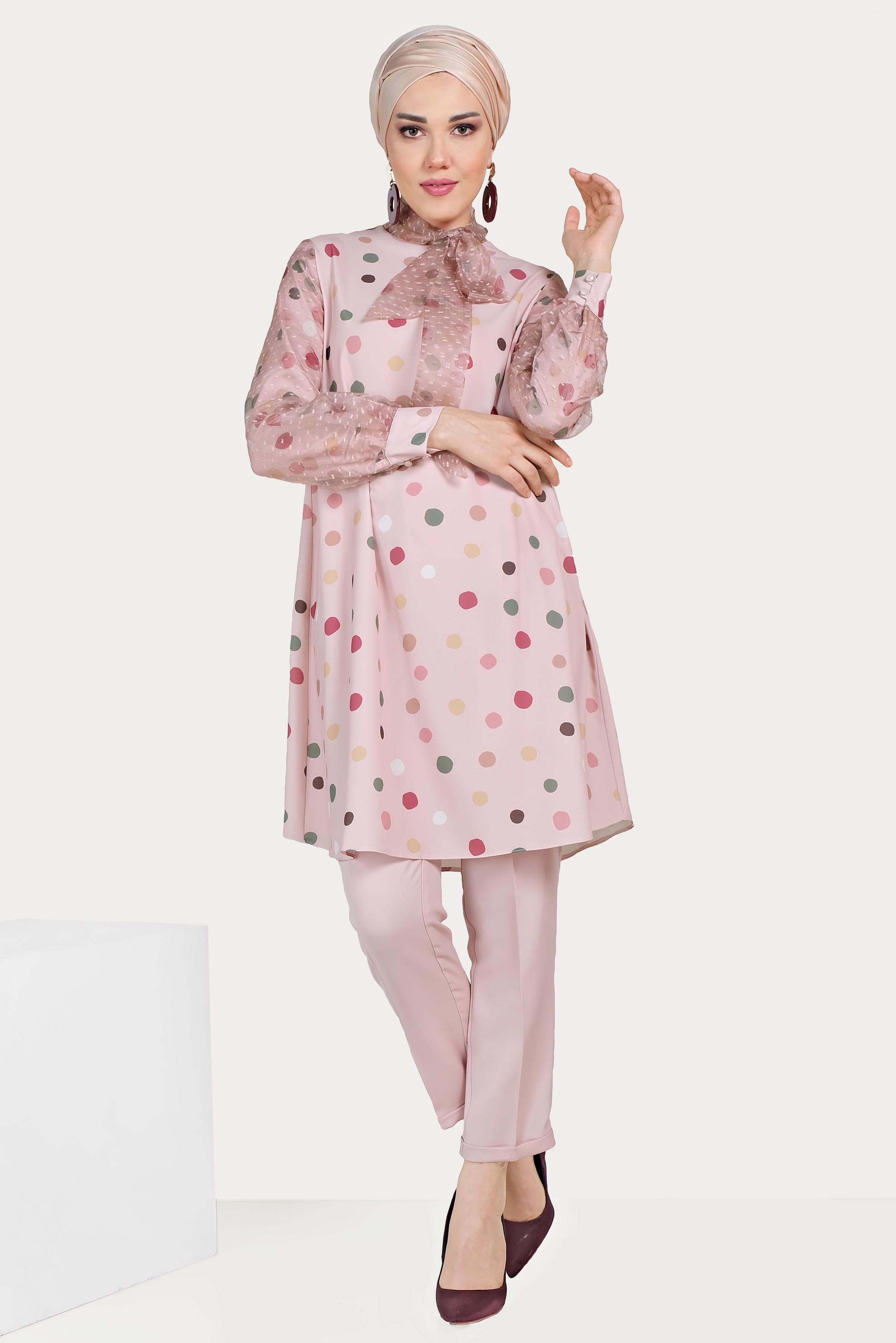 Tesettür giyim PUDRA TÜL DETAYLI PUANTİYELİ TUNİK 40503