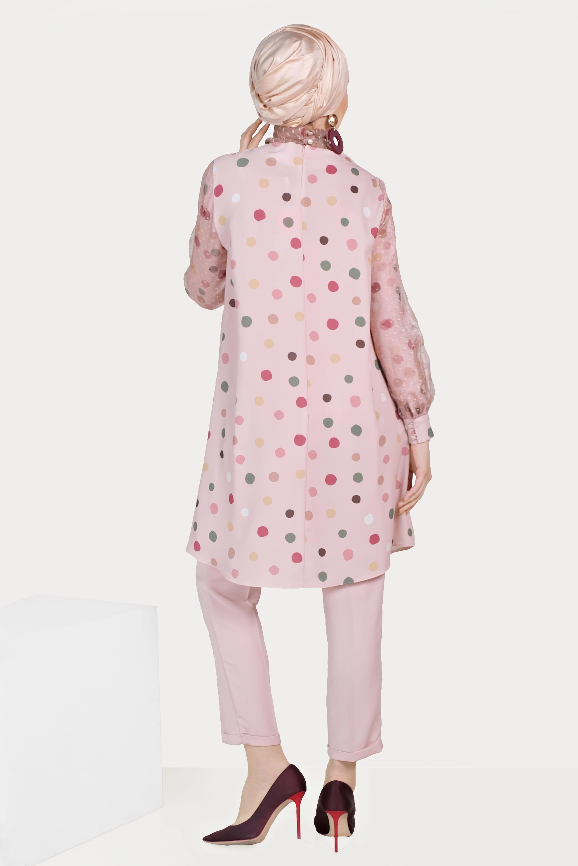 Tesettür giyim PUDRA TÜL DETAYLI PUANTİYELİ TUNİK 40503