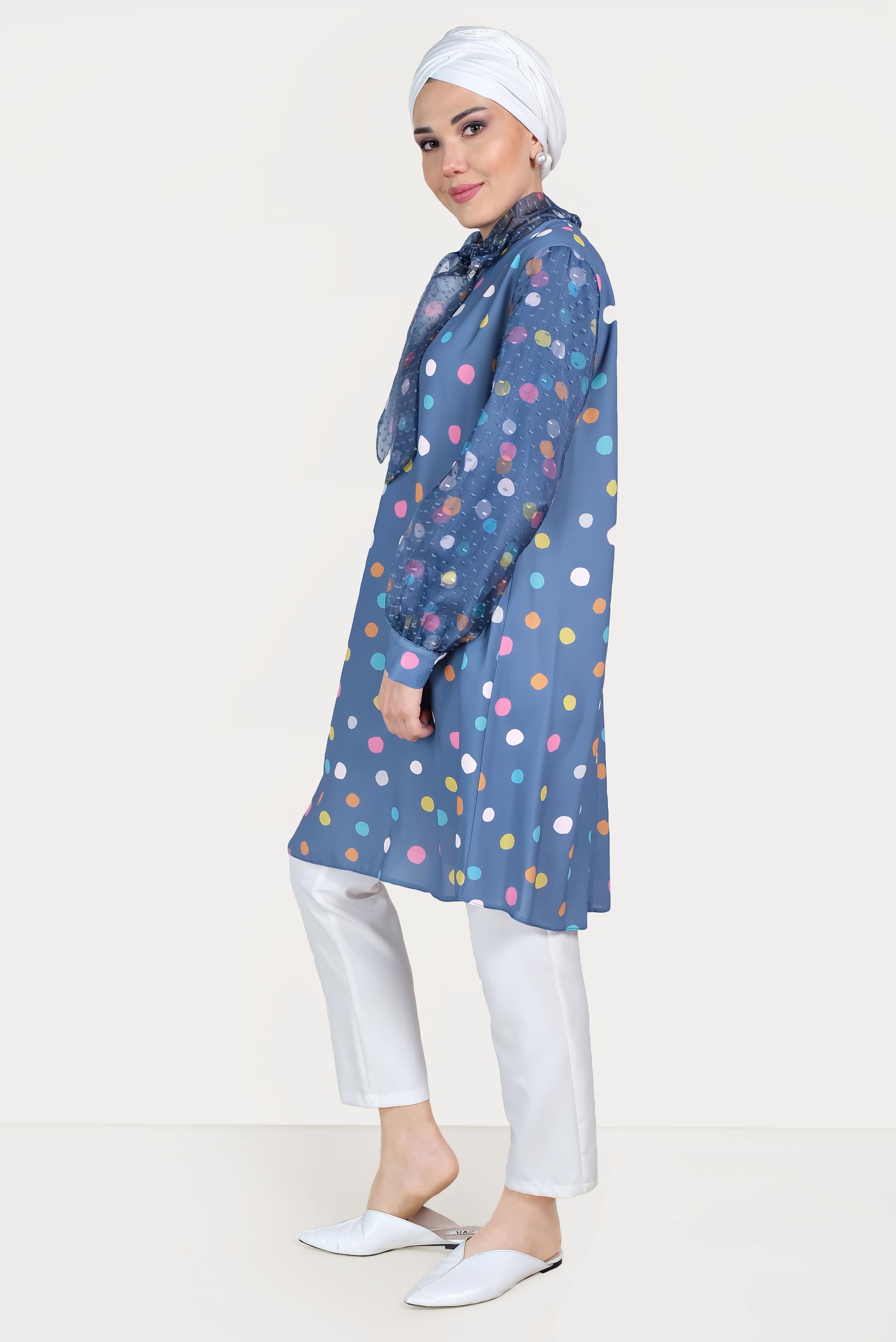 Tesettür giyim LACİVERT TÜL DETAYLI PUANTİYELİ TUNİK 40503