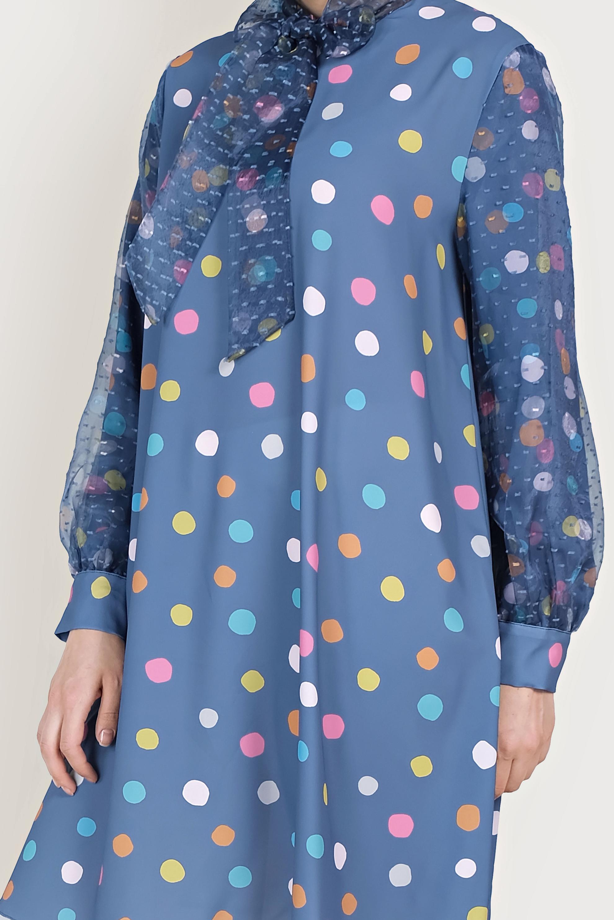 Tesettür giyim LACİVERT TÜL DETAYLI PUANTİYELİ TUNİK 40503