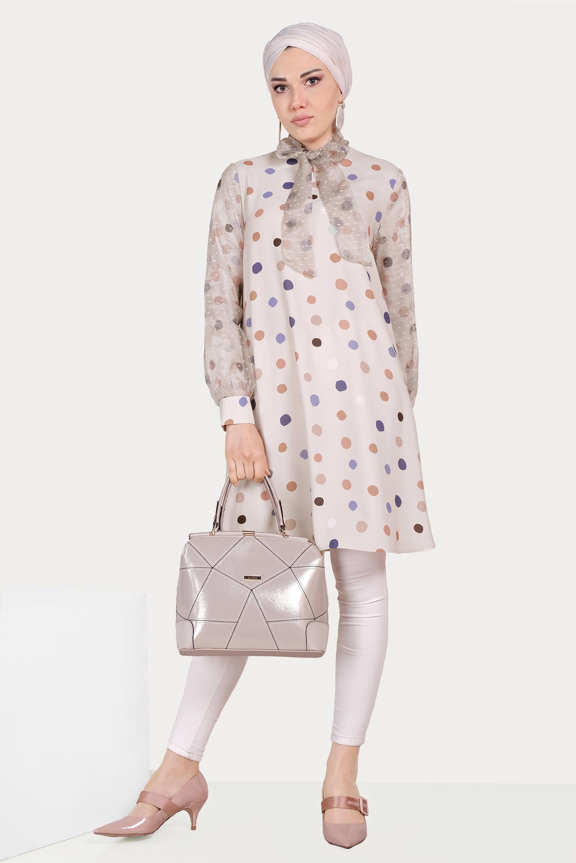 Tesettür giyim BEJ TÜL DETAYLI PUANTİYELİ TUNİK 40503