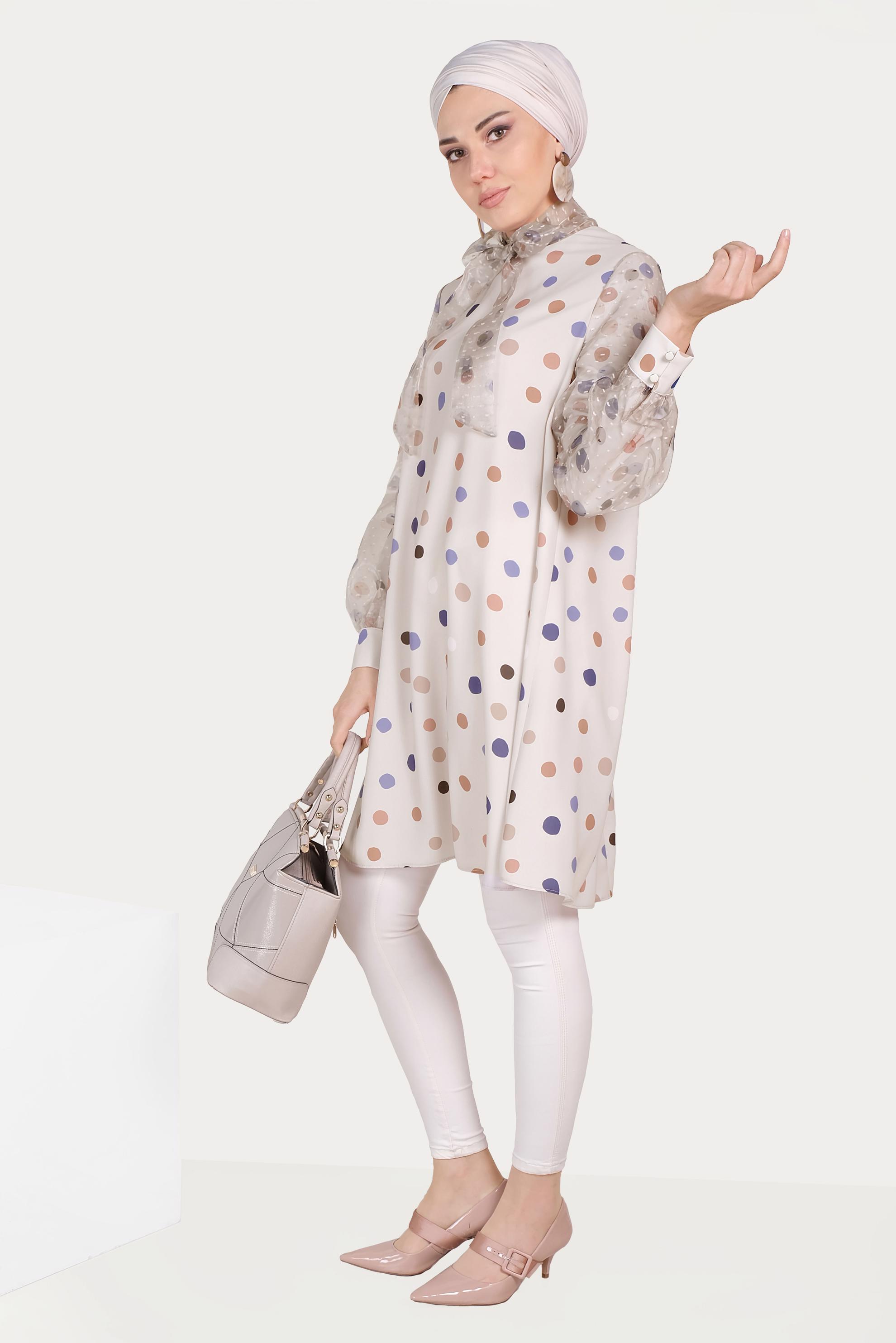 Tesettür giyim BEJ TÜL DETAYLI PUANTİYELİ TUNİK 40503