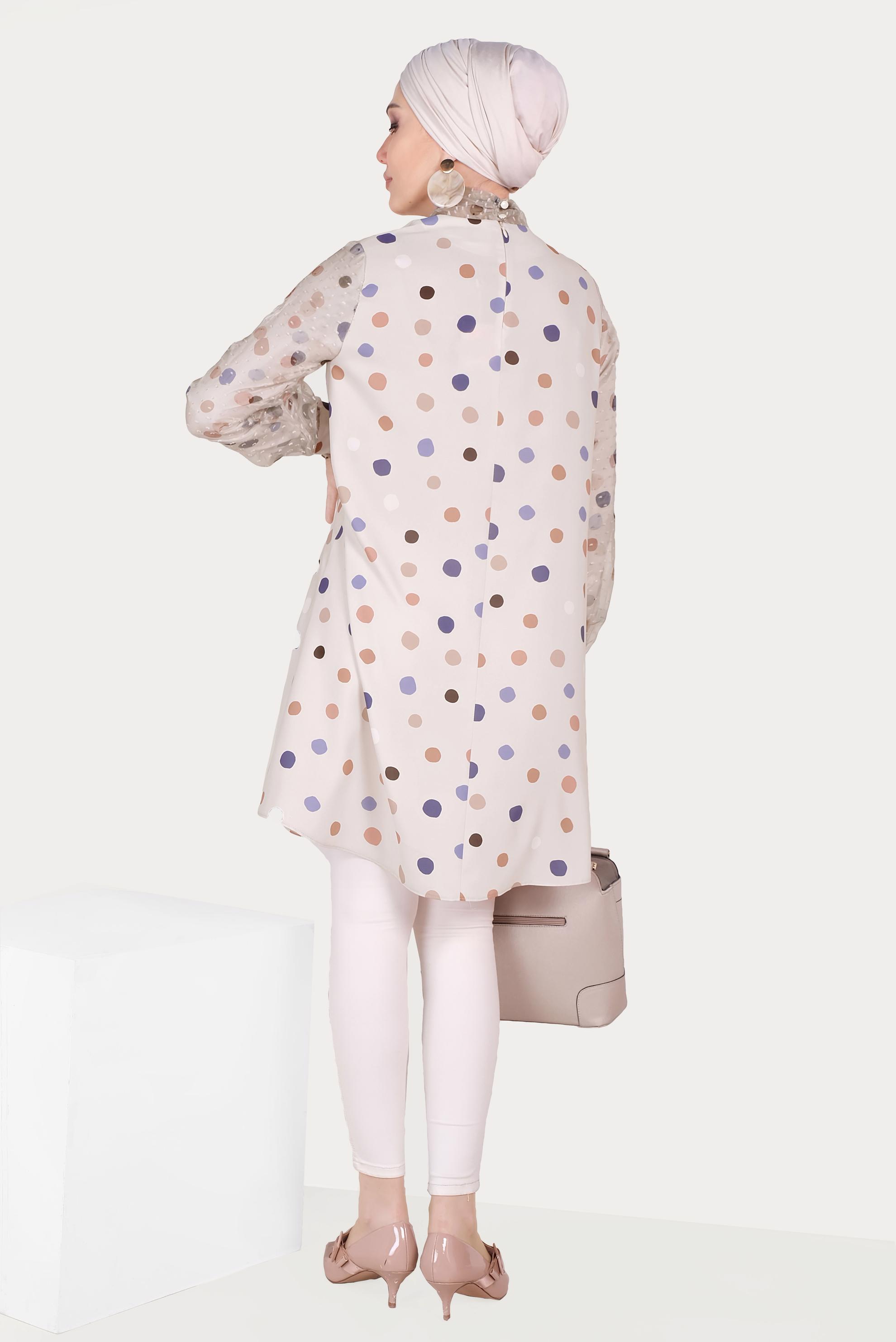 Tesettür giyim BEJ TÜL DETAYLI PUANTİYELİ TUNİK 40503