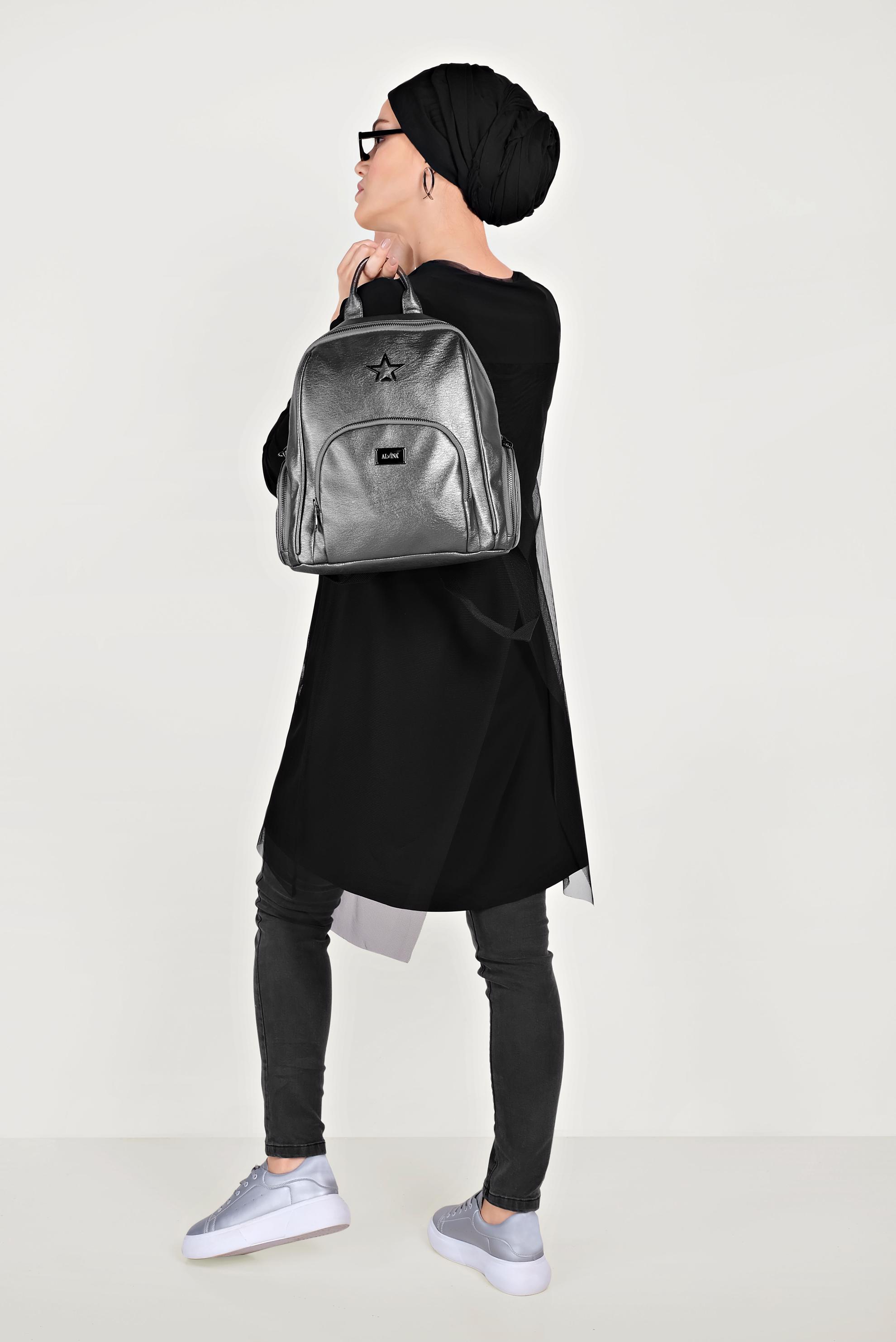 Tesettür giyim SİYAH TÜL DETAYLI YAZI BASKILI TUNİK 40511